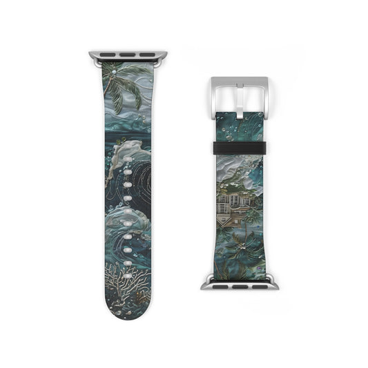 Tropical Midnight Wave Apple Watch band strap with silver clasp showing stylized ocean wave pattern in teal and deep blue tones