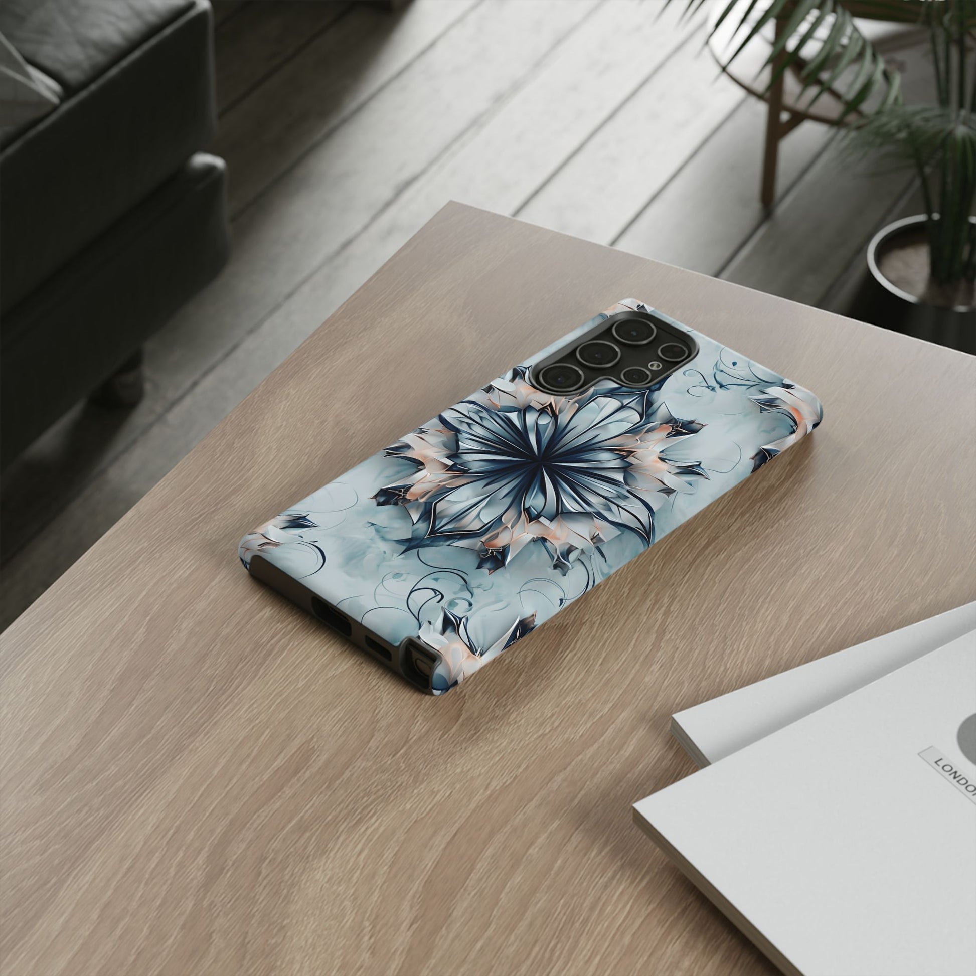 Indigo Mirage - Artistic Kaleidoscope Collection Artistic Floral - Samsung Galaxy S22 Ultra Tough Phone Case - Bold Indigo Symmetrical Design