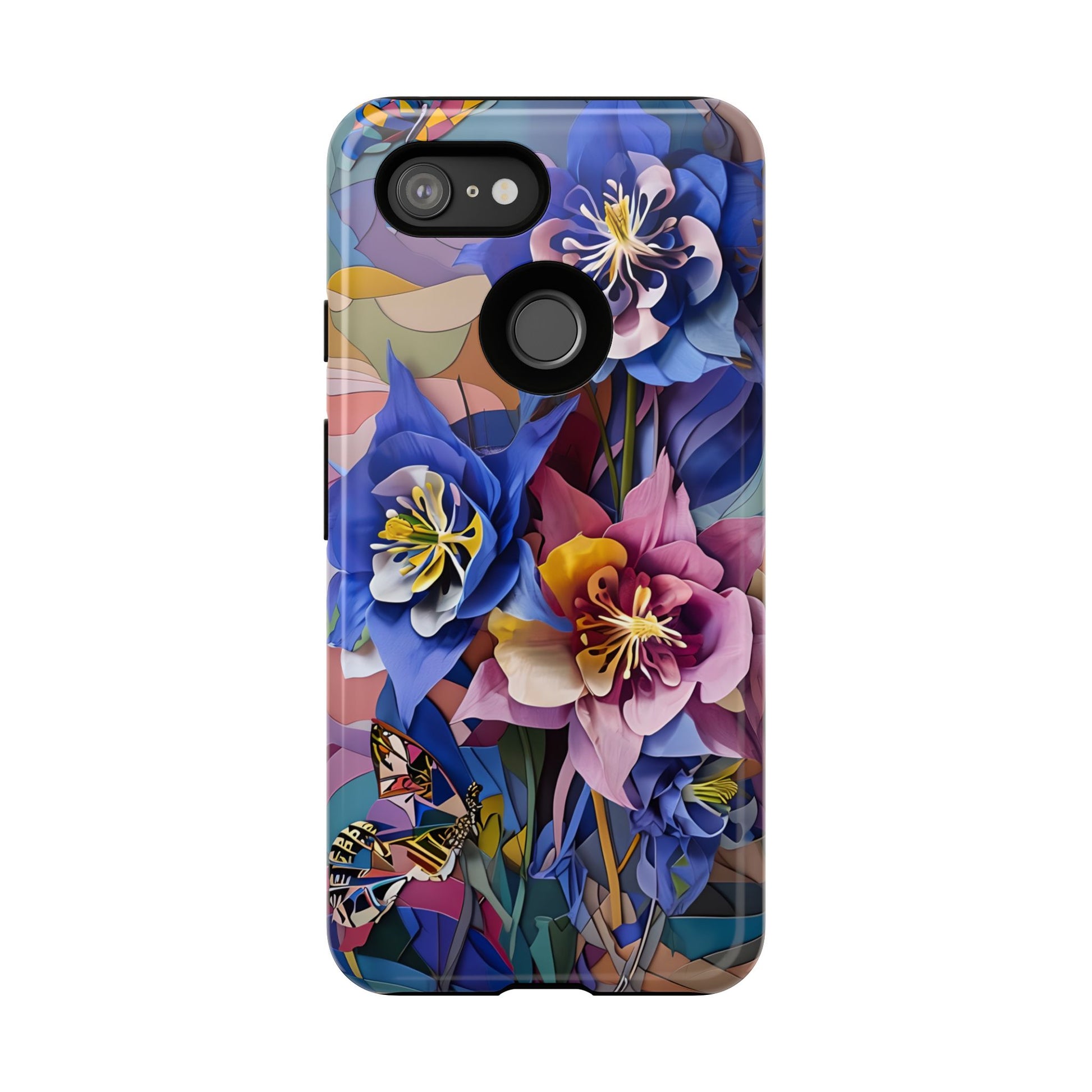 Blue Columbine Carnivale - Artistic Floral & Butterfly Google Pixel 3 Tough Phone Case - Vibrant Botanical Design