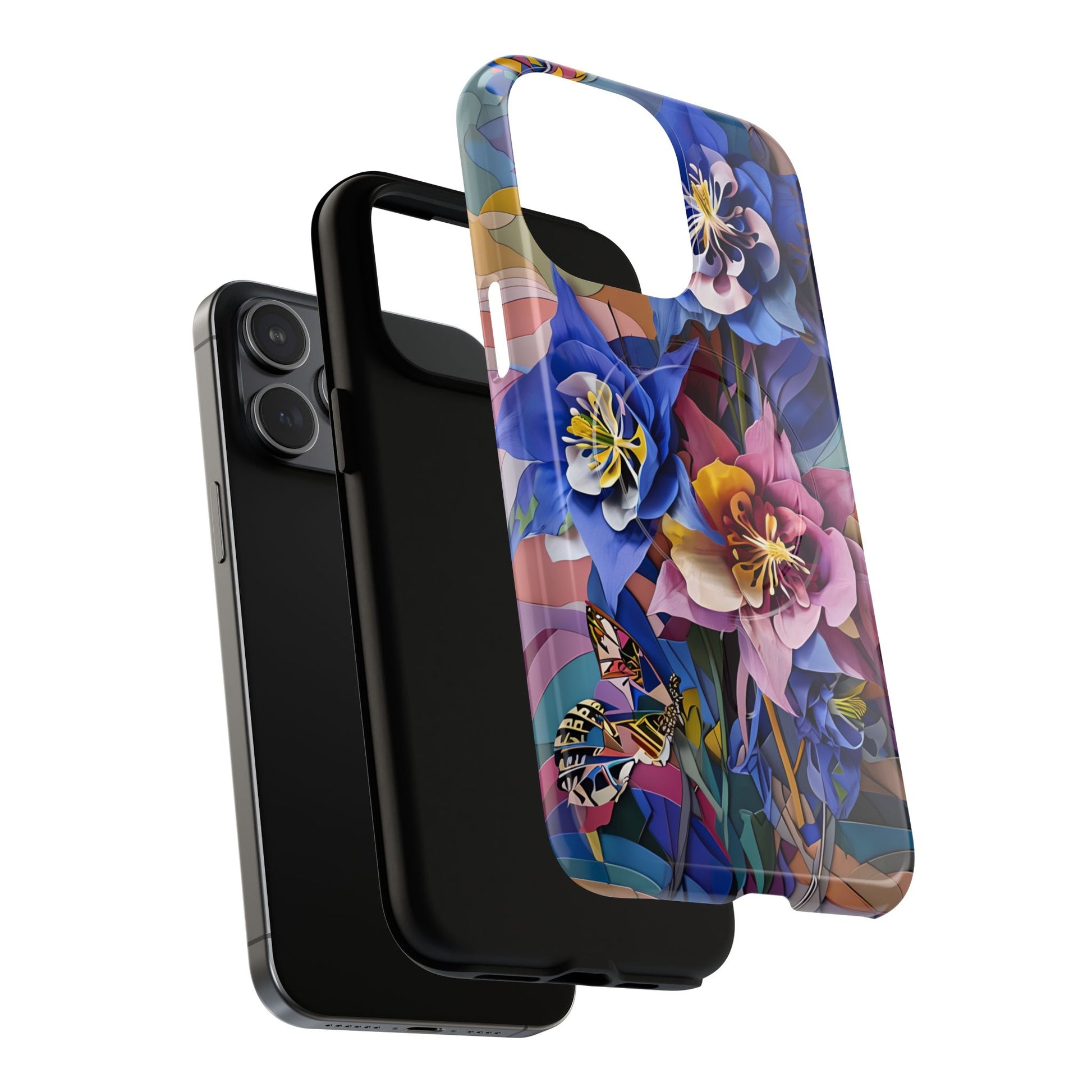 Blue Columbine Carnivale - Artistic Floral & Butterfly iPhone 15 Pro Max MagSafe Phone Case - Vibrant Botanical Design
