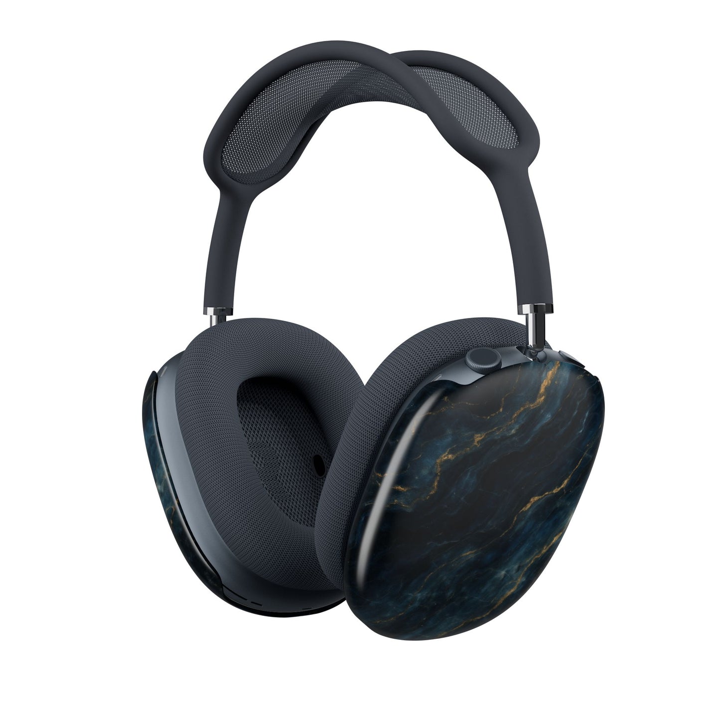 Midnight Marble Navy AirPods Max cover with deep navy blue marble texture and subtle gold veining, angled view on Apple AirPods Max headphones
