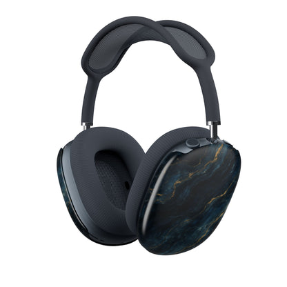 Midnight Marble Navy AirPods Max cover with deep navy blue marble texture and subtle gold veining, angled view on Apple AirPods Max headphones
