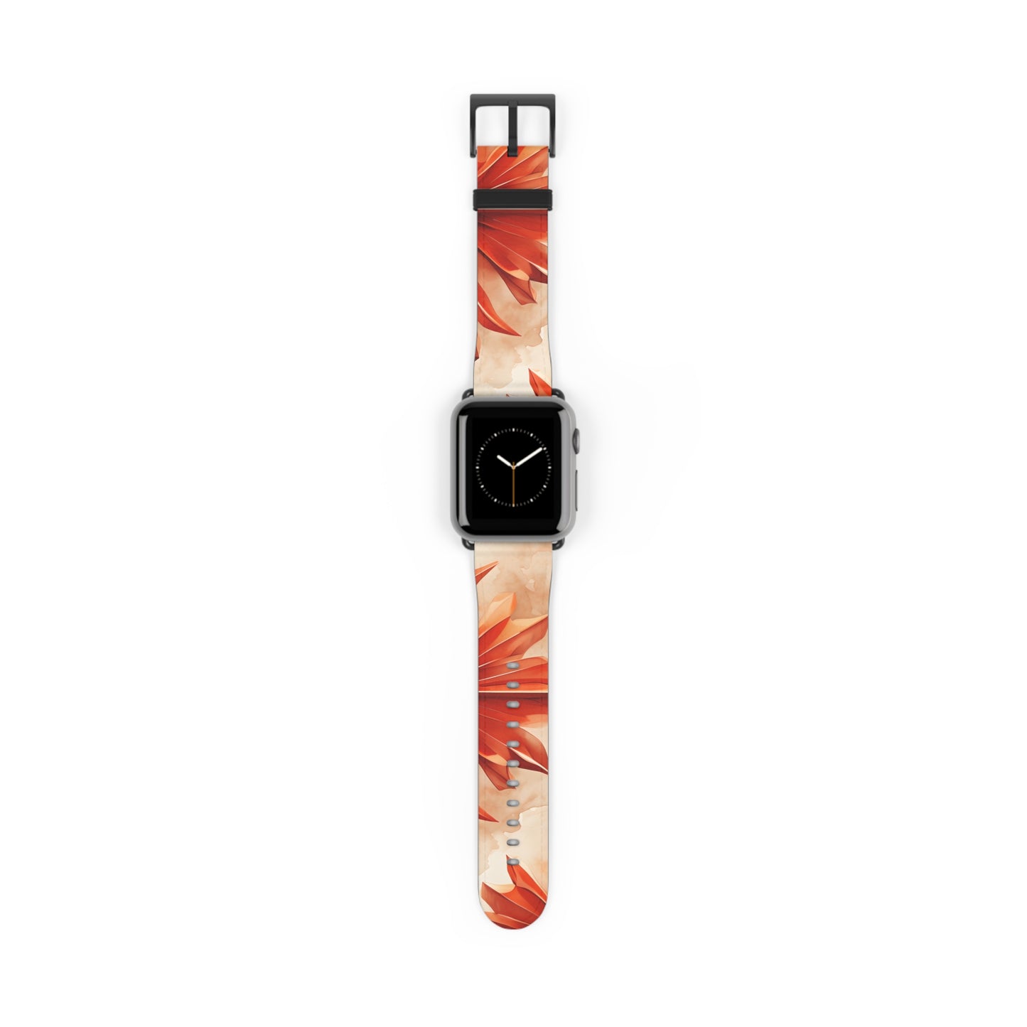 Sunset Fleur Apple Watch band with watch face featuring bold orange floral artwork inspired by sunset tones