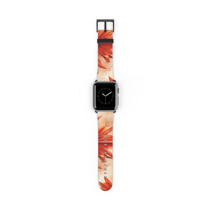 Sunset Fleur Apple Watch band with watch face featuring bold orange floral artwork inspired by sunset tones
