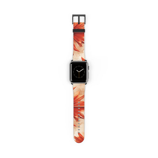 Sunset Fleur Apple Watch band with watch face featuring bold orange floral artwork inspired by sunset tones