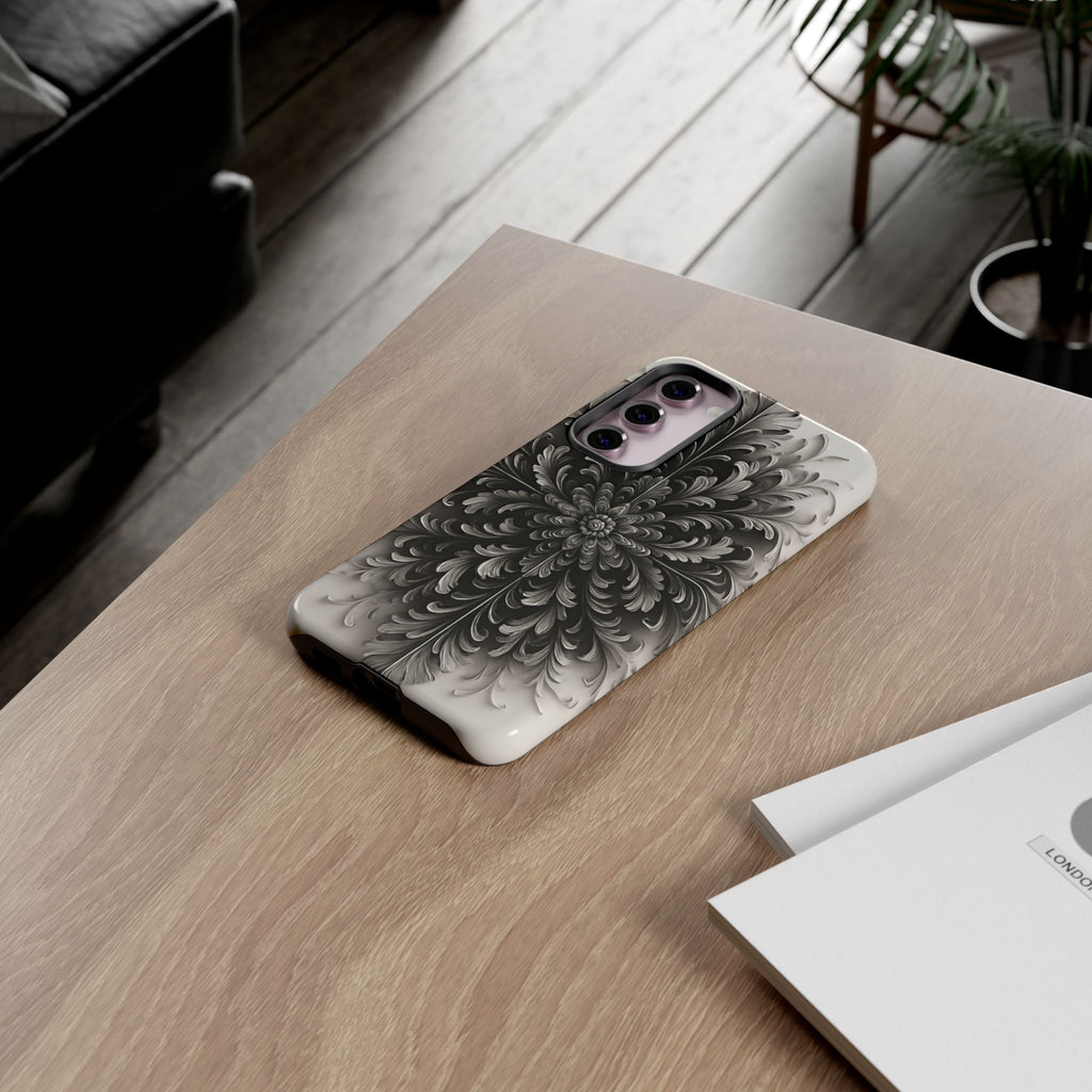 Obsidian Bloom - Elegant Black & White Samsung Galaxy S23 Plus Tough Phone Case - Intricate Mandala Flower Design