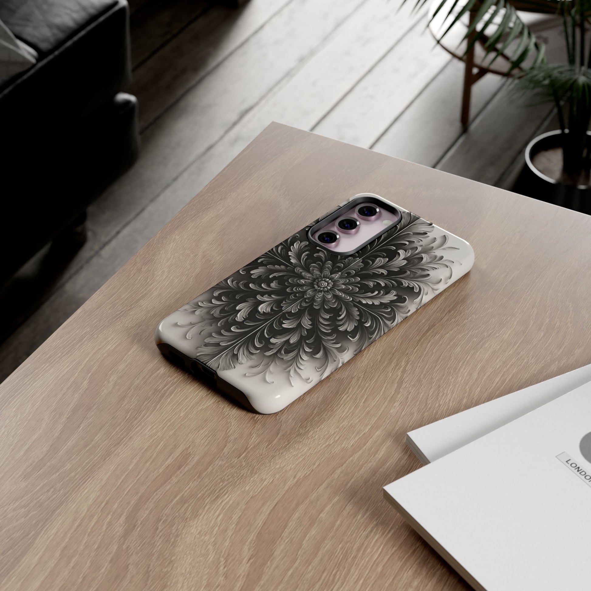 Obsidian Bloom - Elegant Black & White Samsung Galaxy S23 Plus Tough Phone Case - Intricate Mandala Flower Design
