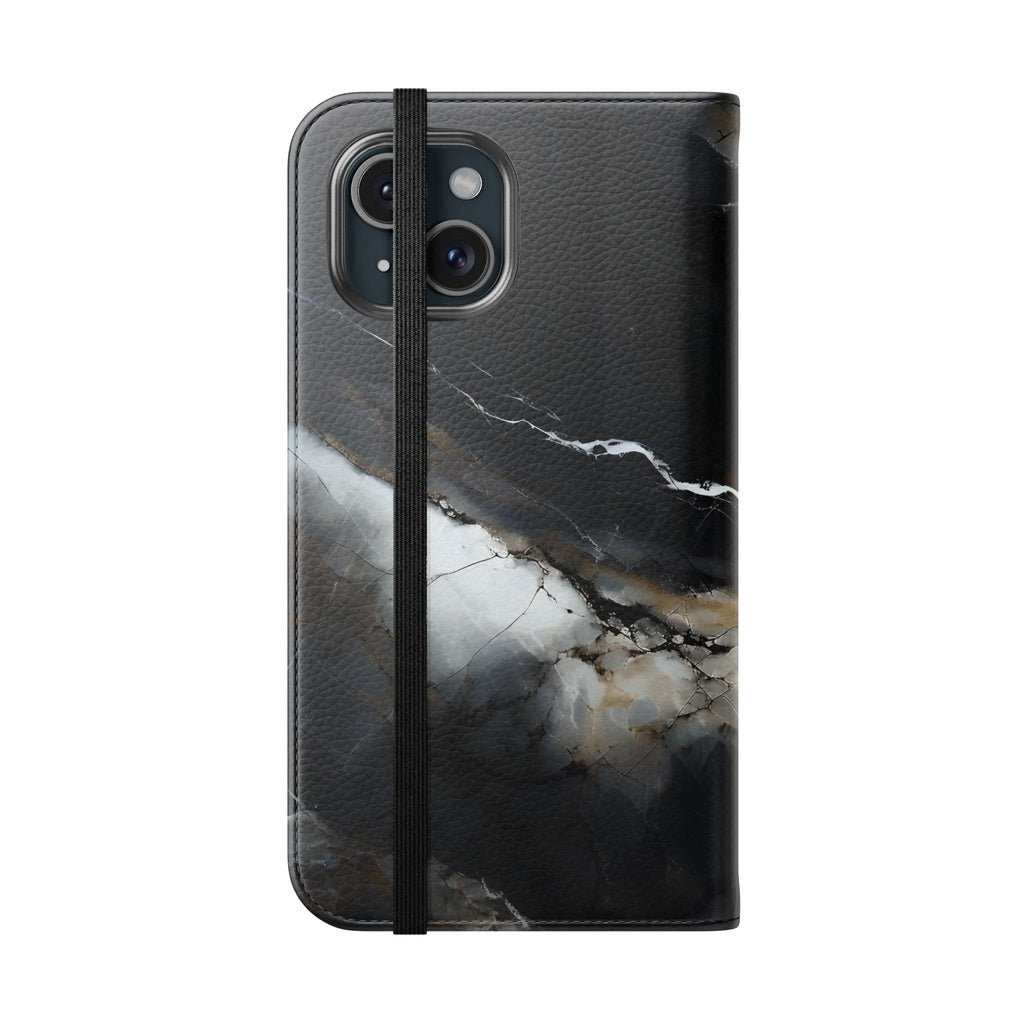 Obsidian Vein Wallet Phone Case - Black & White Marble - Flip Cover for iPhone 15