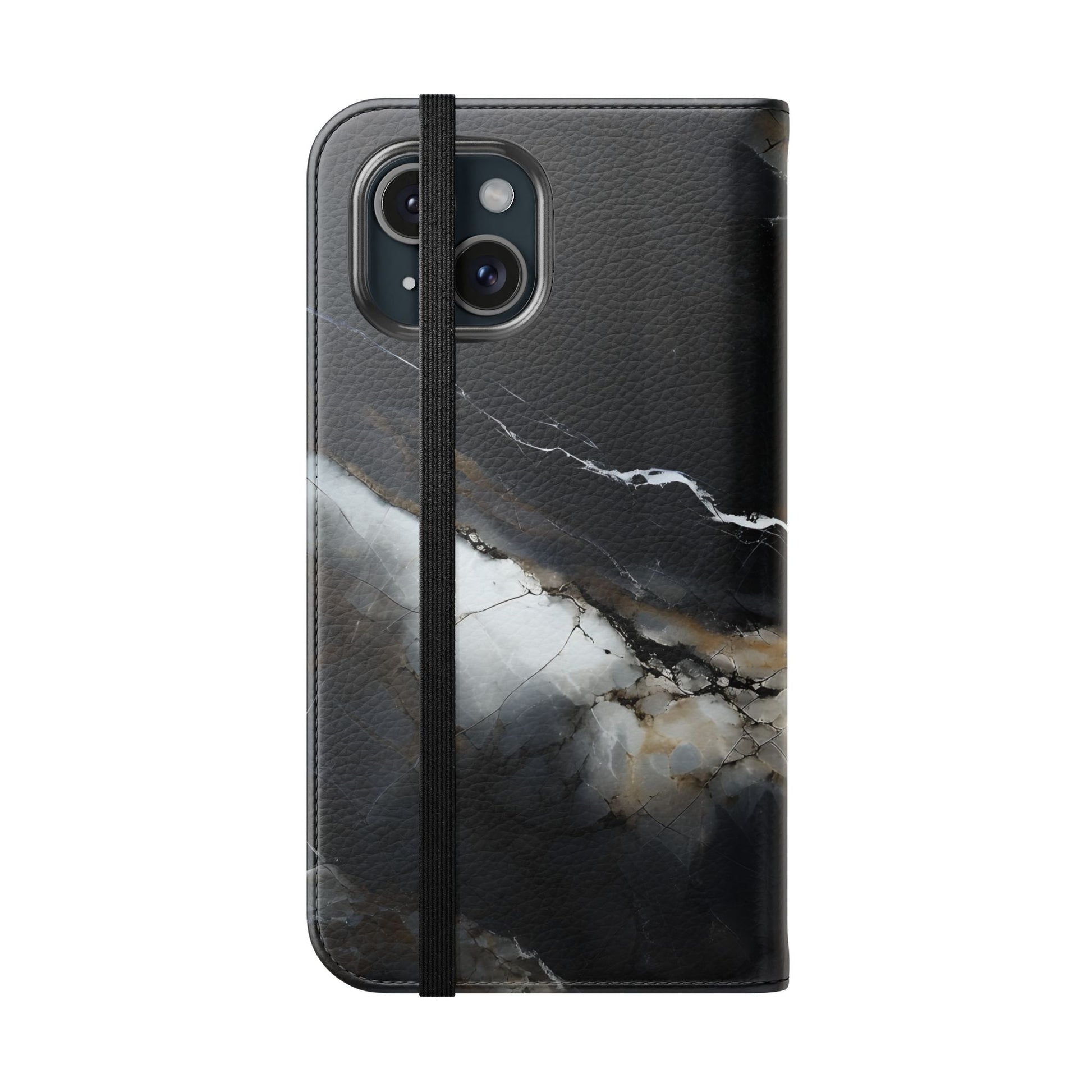 Obsidian Vein Wallet Phone Case - Black & White Marble - Flip Cover for iPhone 15