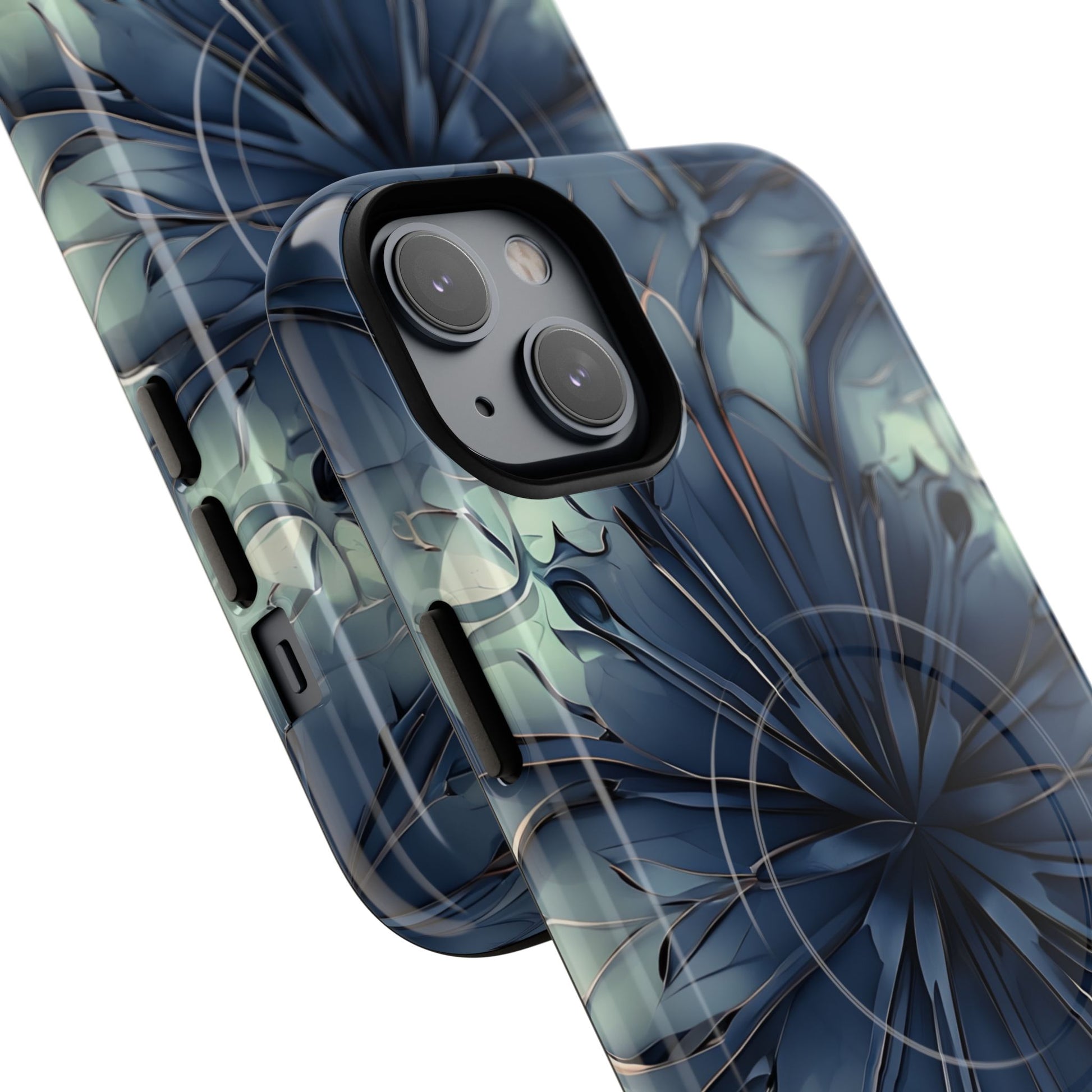 Indigo Mosaic - Artistic Kaleidoscope Collection Artistic Floral - iPhone 14 Plus MagSafe Phone Case -Bold Blue Symmetrical Design
