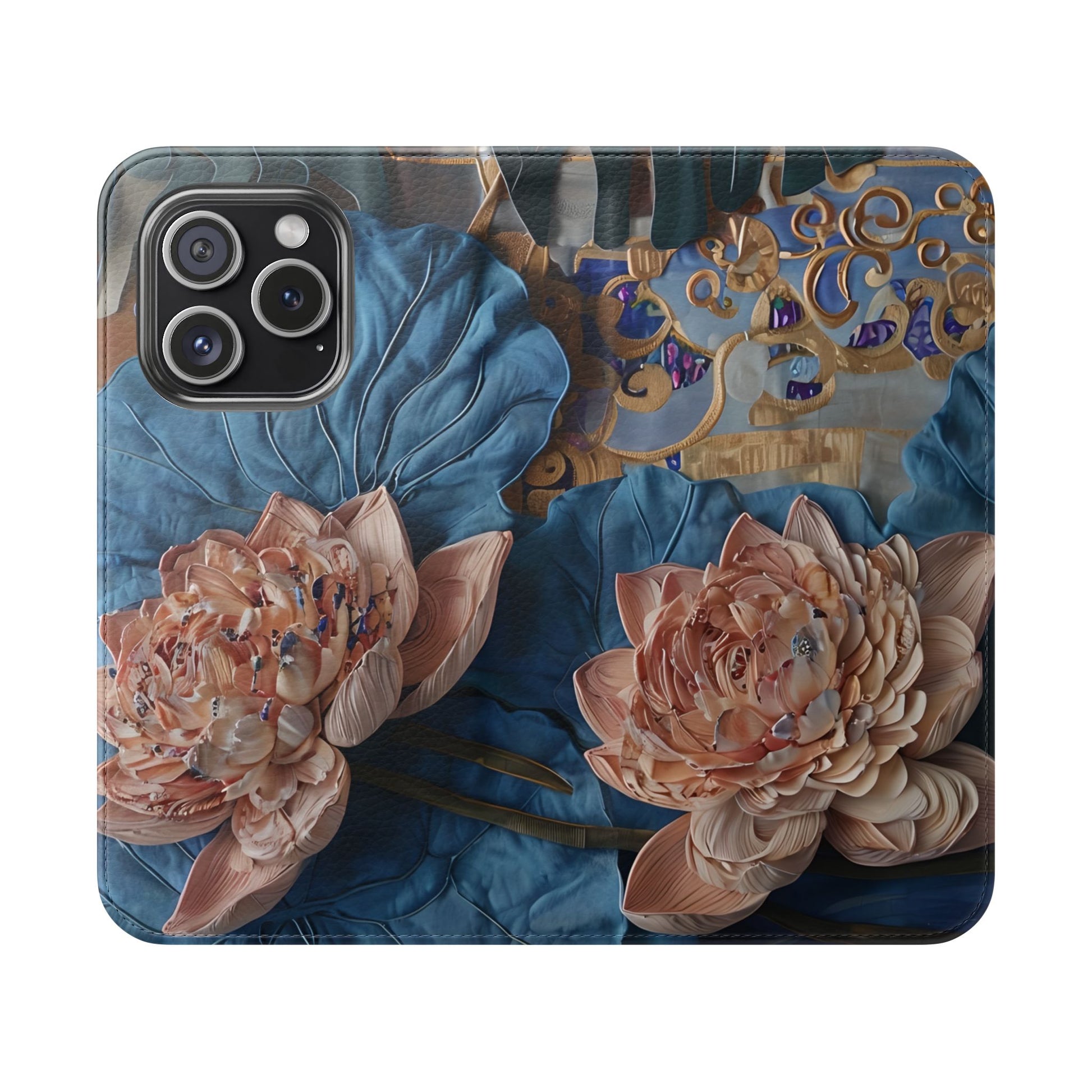 Peony Midnight Tapestry Wallet Phone Case - Flip Cover for iPhone 15 Pro - Floral and Tapestry Design