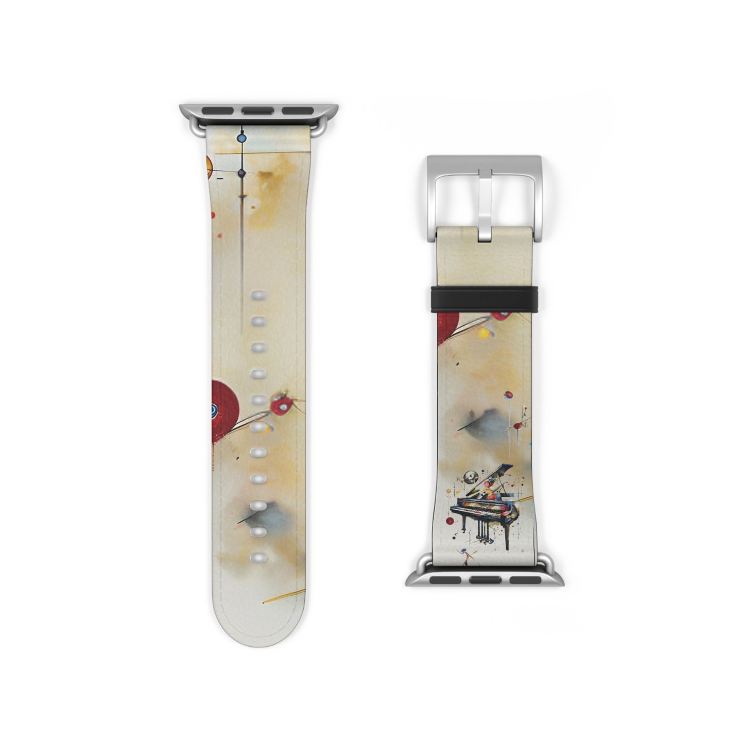 Keys of Imagination Small Grand Piano Apple Watch band strap with piano-themed artwork and silver clasp