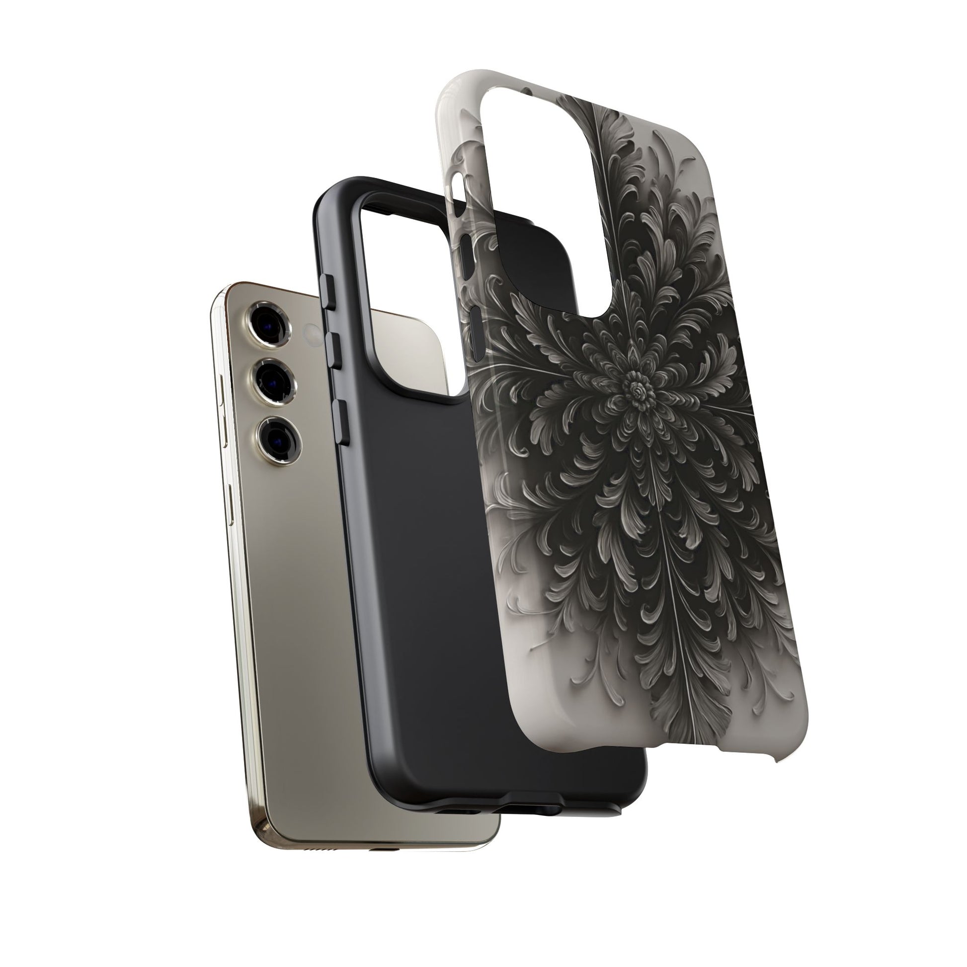 Obsidian Bloom - Elegant Black & White Samsung Galaxy S23 Tough Phone Case - Intricate Mandala Flower Design