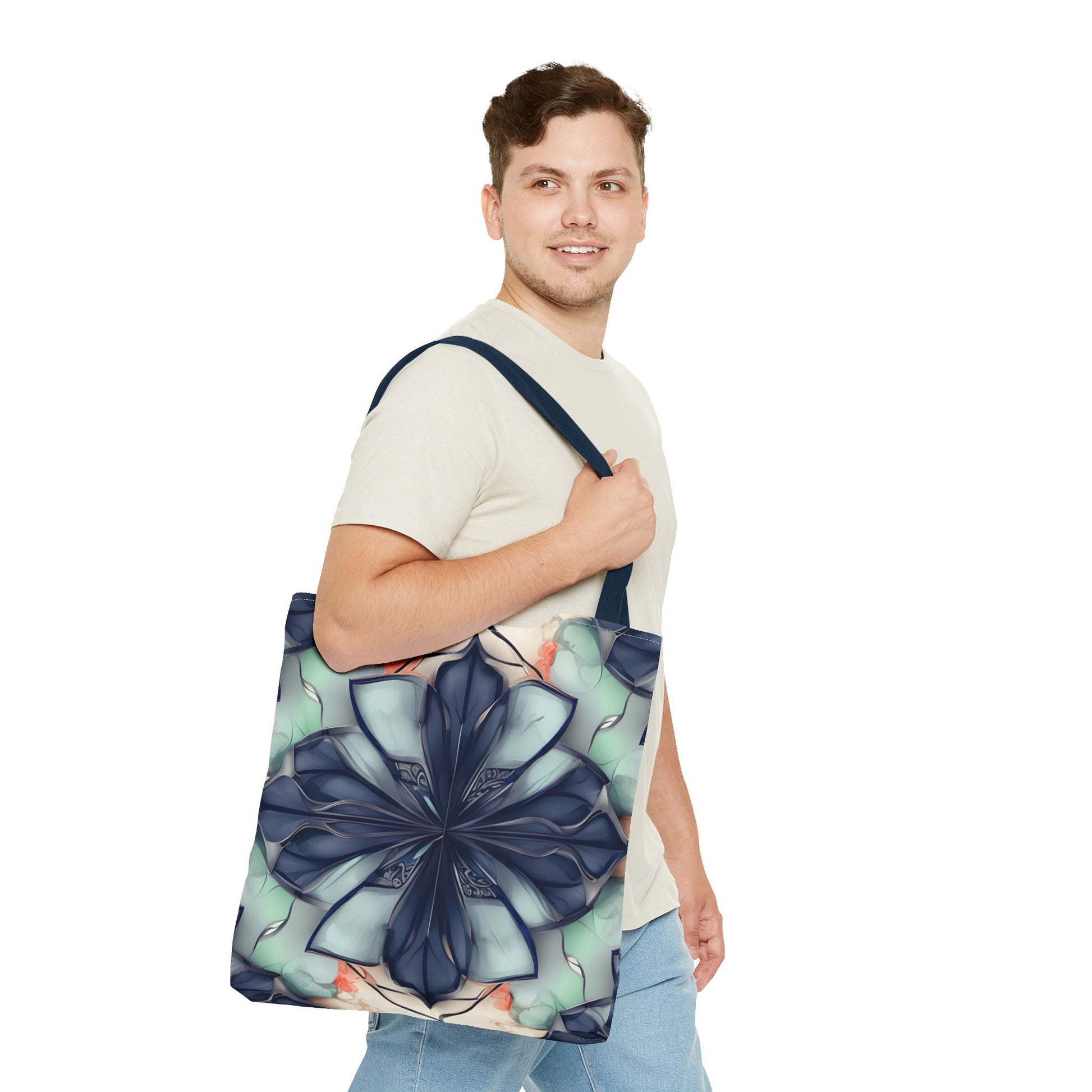 Midnight Mosaic Canvas Tote Bag (16x16 & 18x18)- Premium Navy Handle Designer Tote, Artistic Eco-Friendly Shopping Bag
