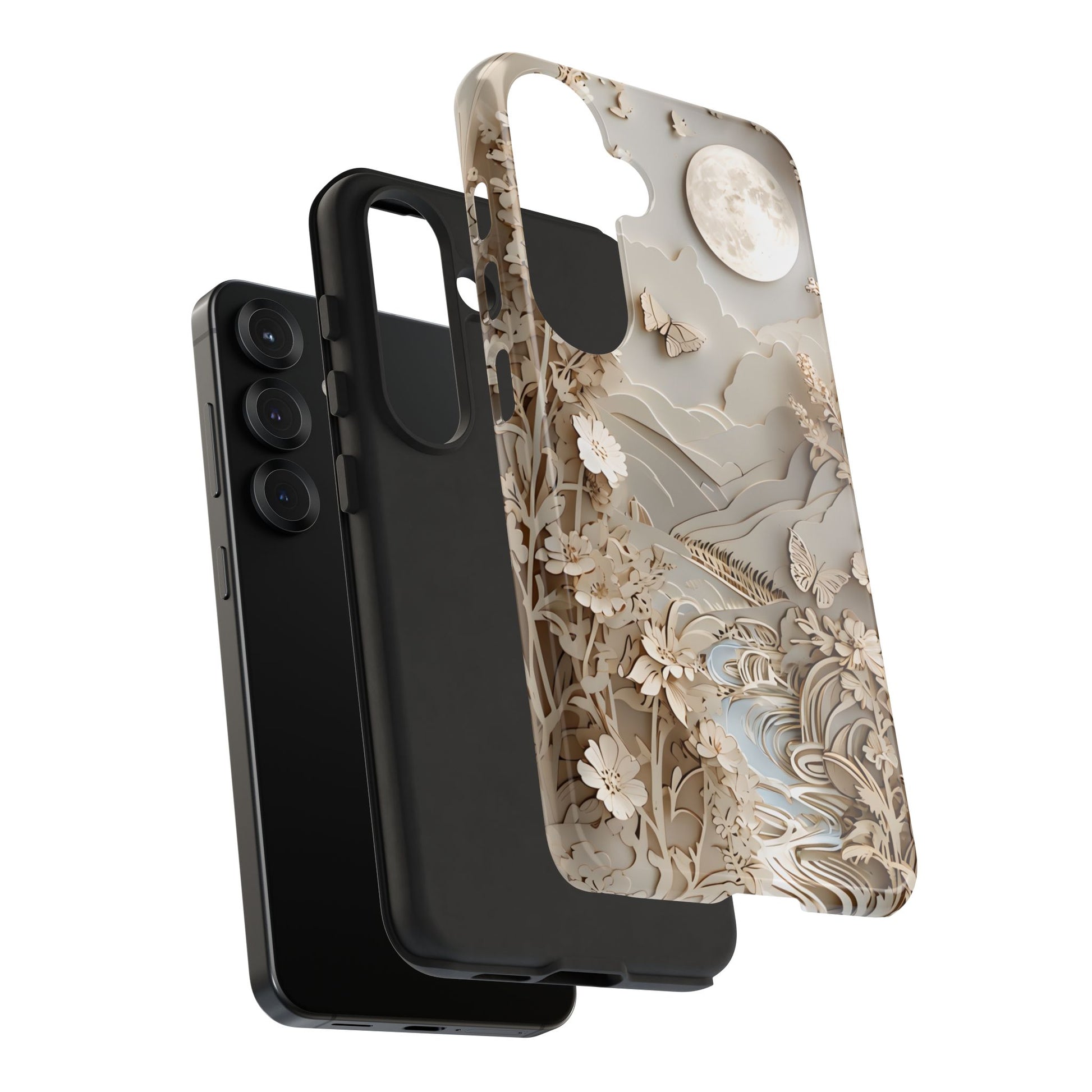Moonlit Garden - Elegant Neutral Floral Samsung Galaxy S25 Tough Phone Case - Painterly Botanical & Moon Design