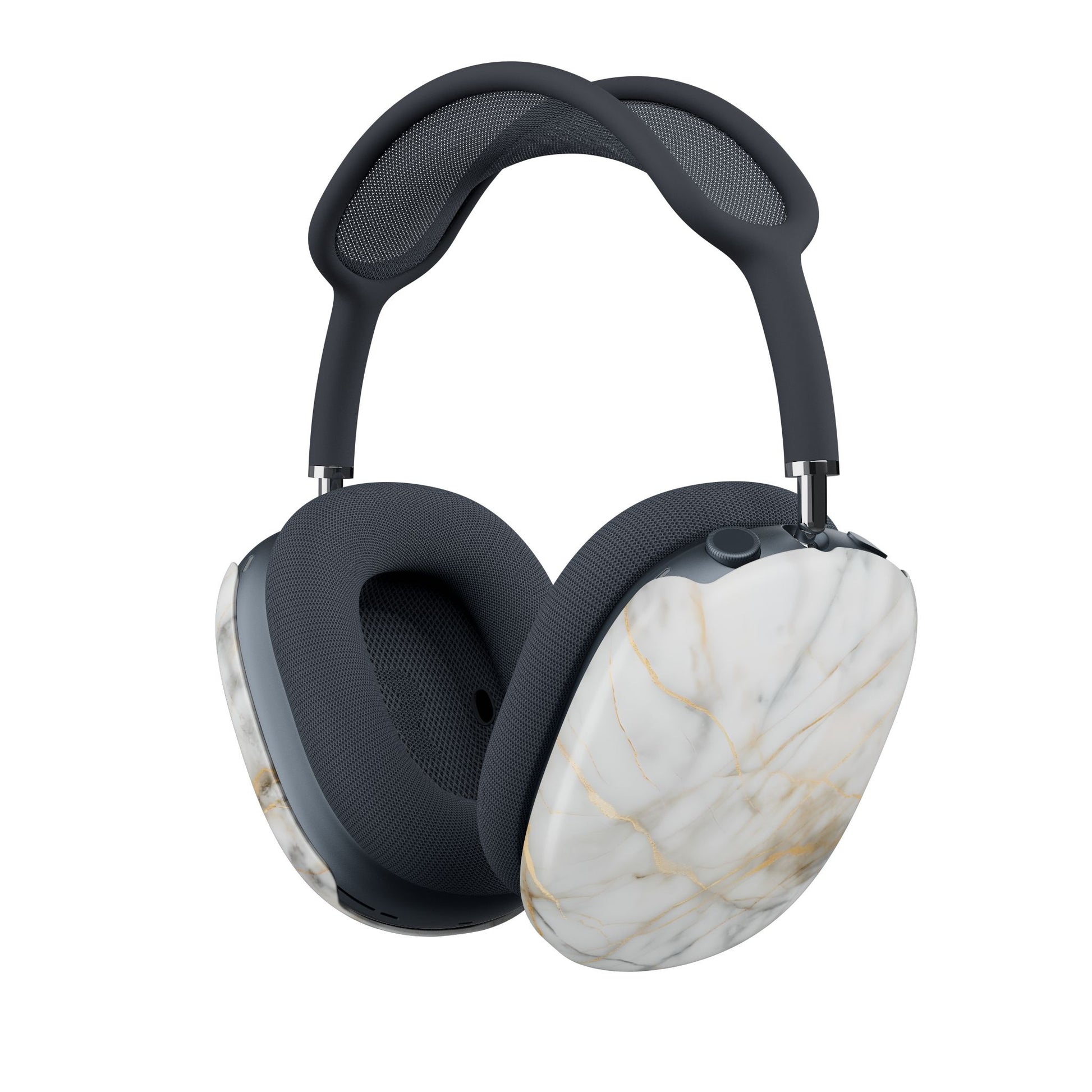 Golden Vein AirPods Max cover with white marble texture and soft gold veining, angled view on Apple AirPods Max headphones