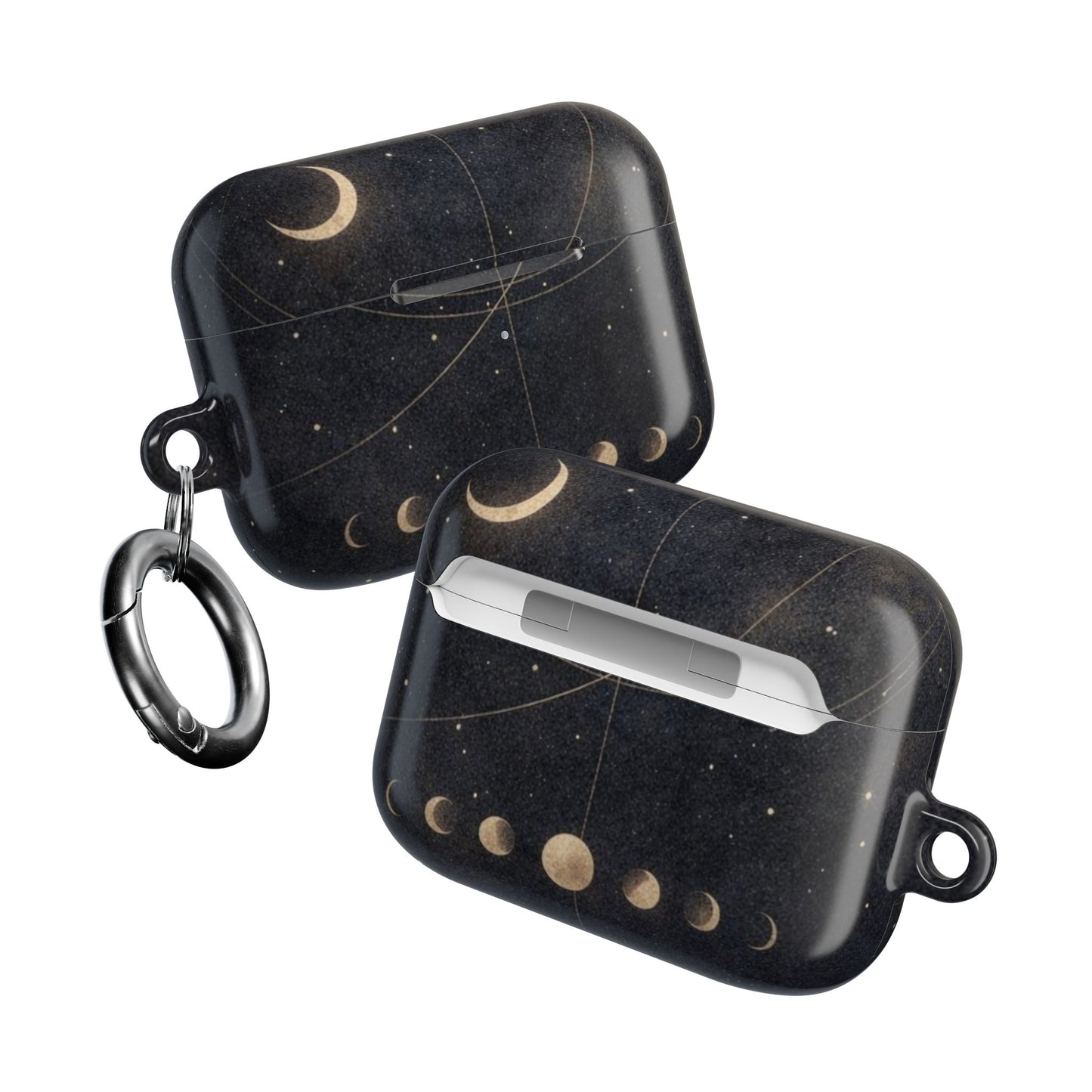 Two Celestial Moon Phase AirPods cases angled view showing celestial moon phase artwork on both sides