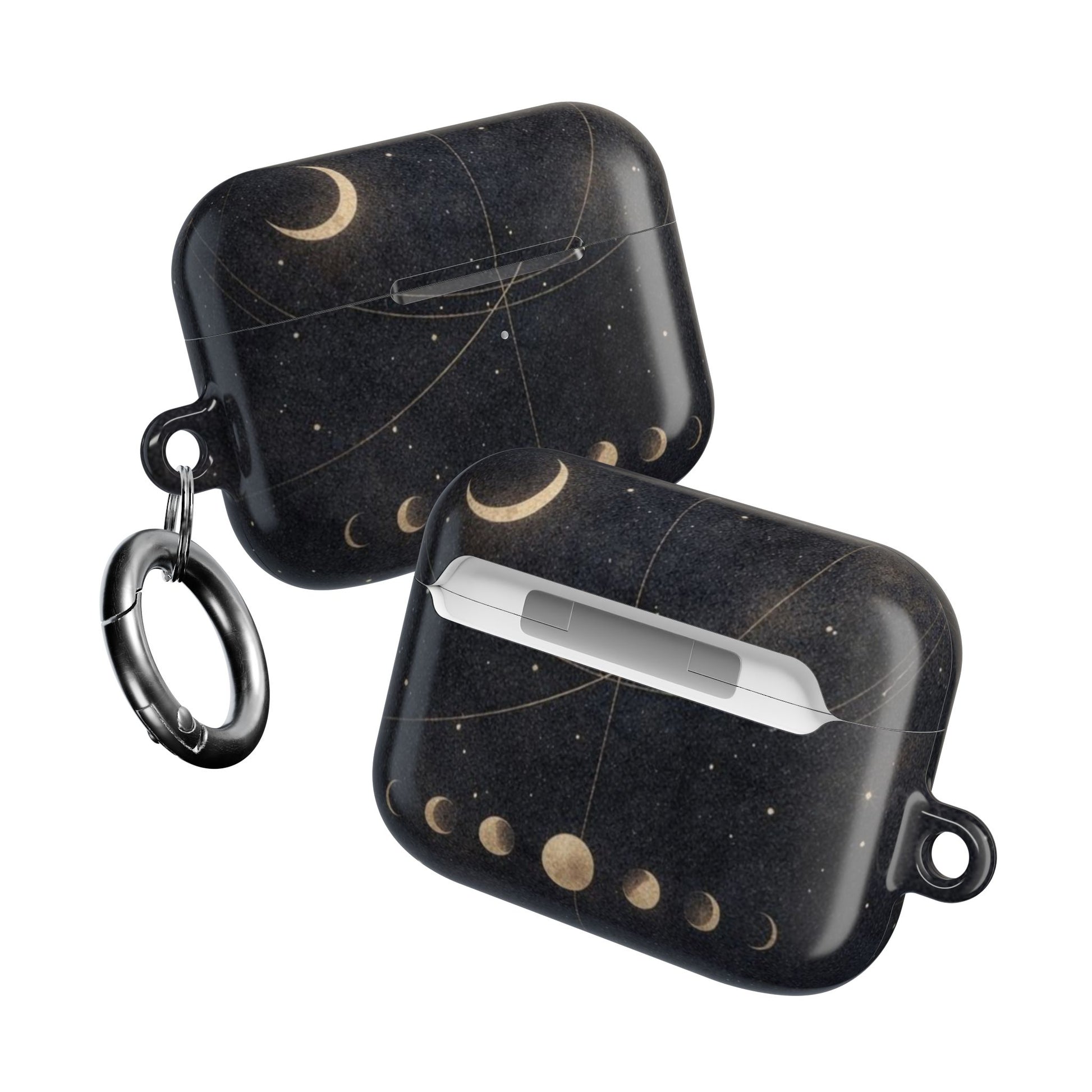 Two Celestial Moon Phase AirPods cases angled view showing celestial moon phase artwork on both sides
