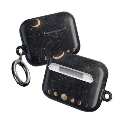 Two Celestial Moon Phase AirPods cases angled view showing celestial moon phase artwork on both sides