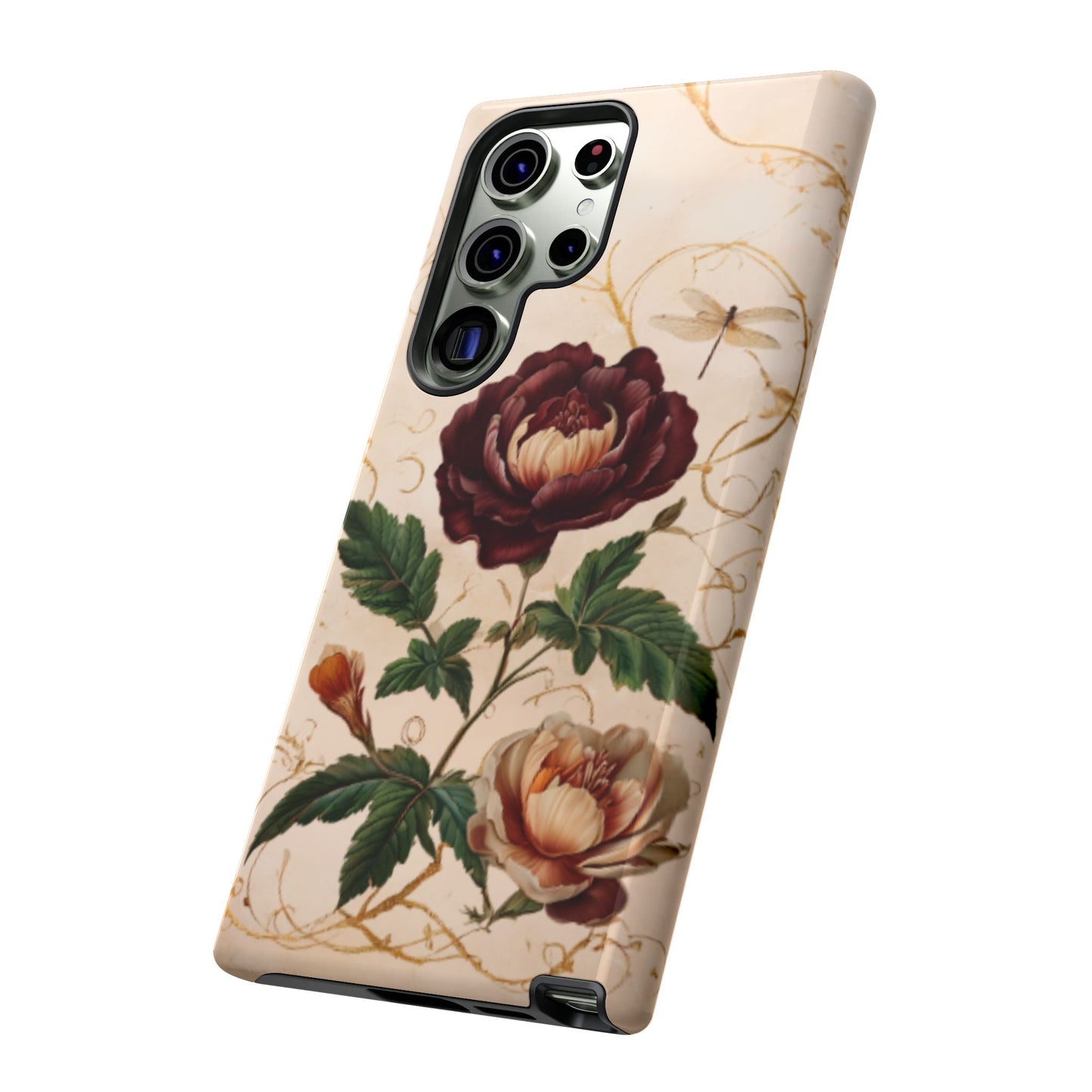 Vintage Burgundy Rose antique floral motif with dragonfly Samsung Galaxy phone case angled view