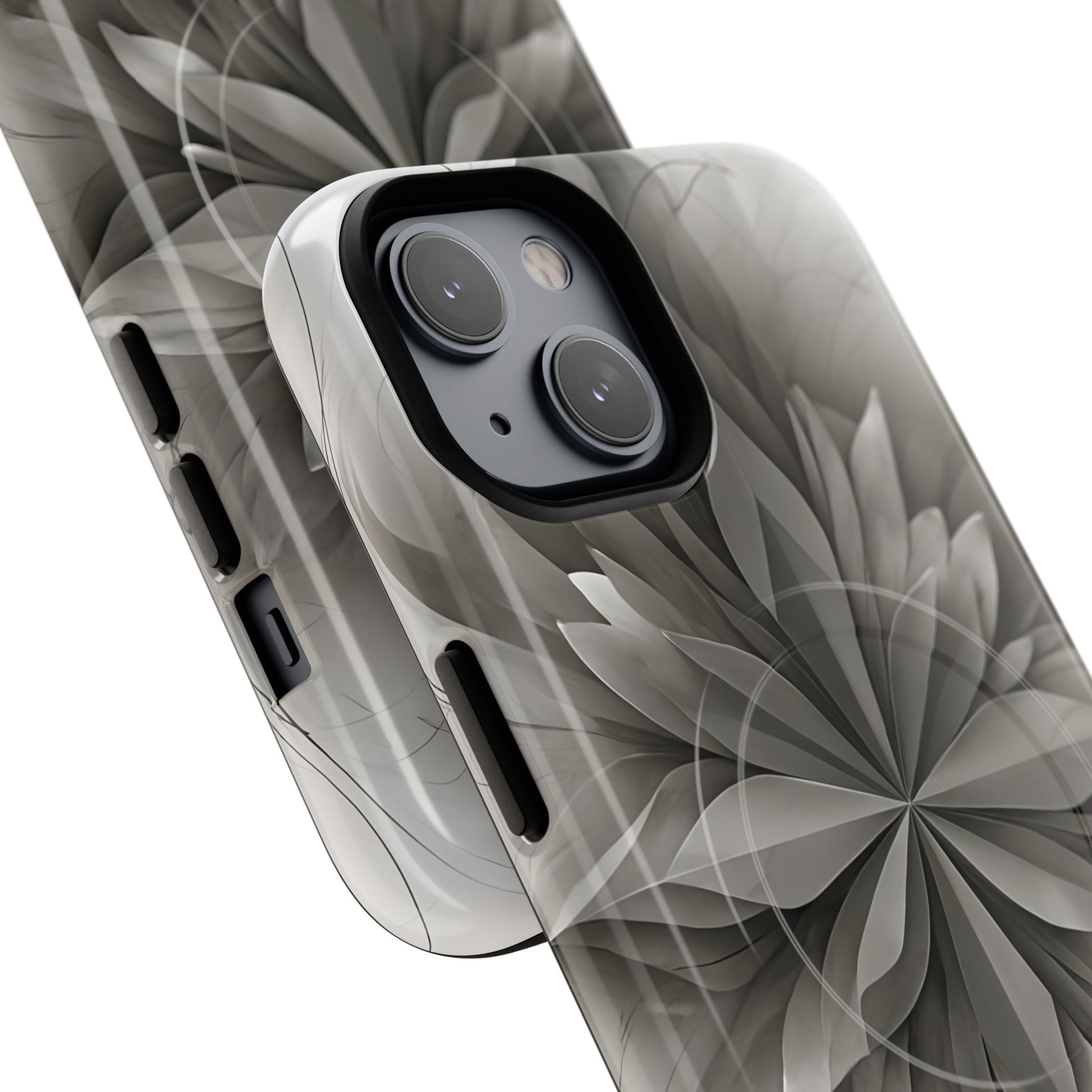 Silver Lotus - Elegant Monochrome Floral iPhone 14 MagSafe Phone Case - Modern Lotus Design