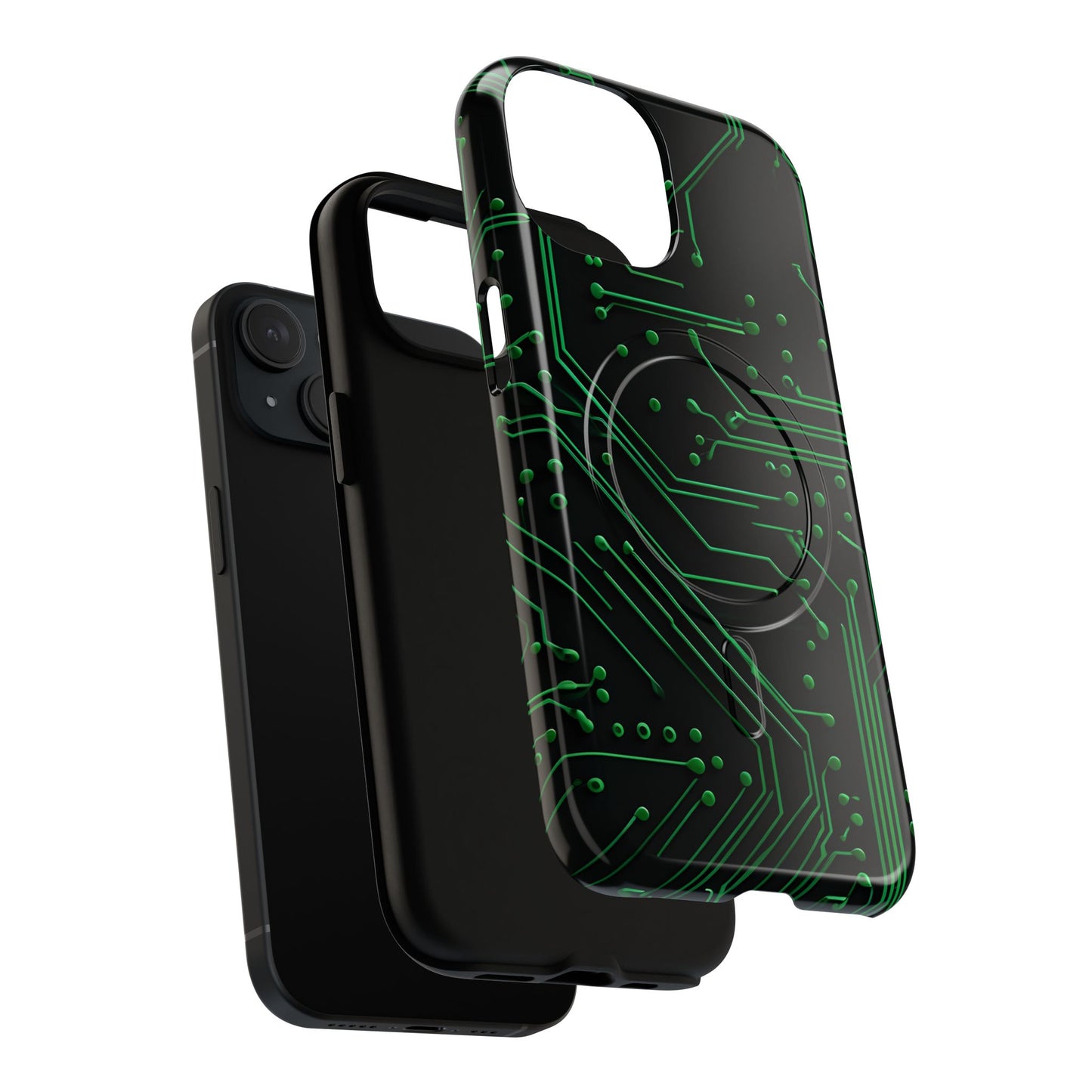 Dual-layer Green Circuit Grid iPhone MagSafe case showing shock absorbing protection