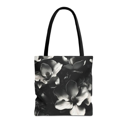 Monochrome Magnolia canvas tote bag featuring black and white magnolia flower artwork with black handles