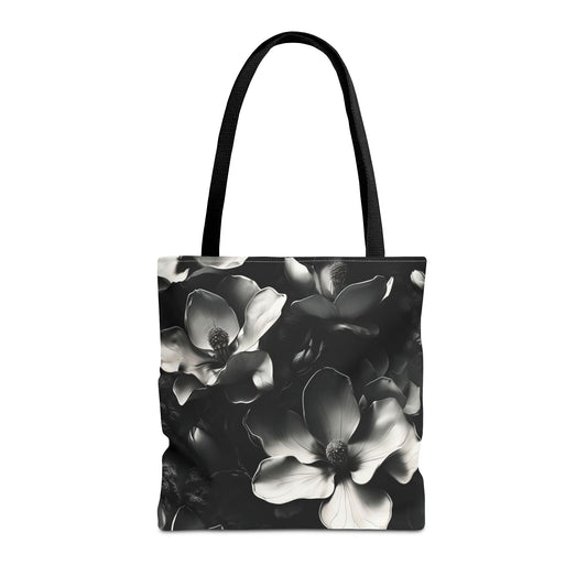 Monochrome Magnolia canvas tote bag featuring black and white magnolia flower artwork with black handles