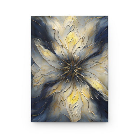 Luminous Petal hardcover journal with radiant ivory and navy floral bloom design