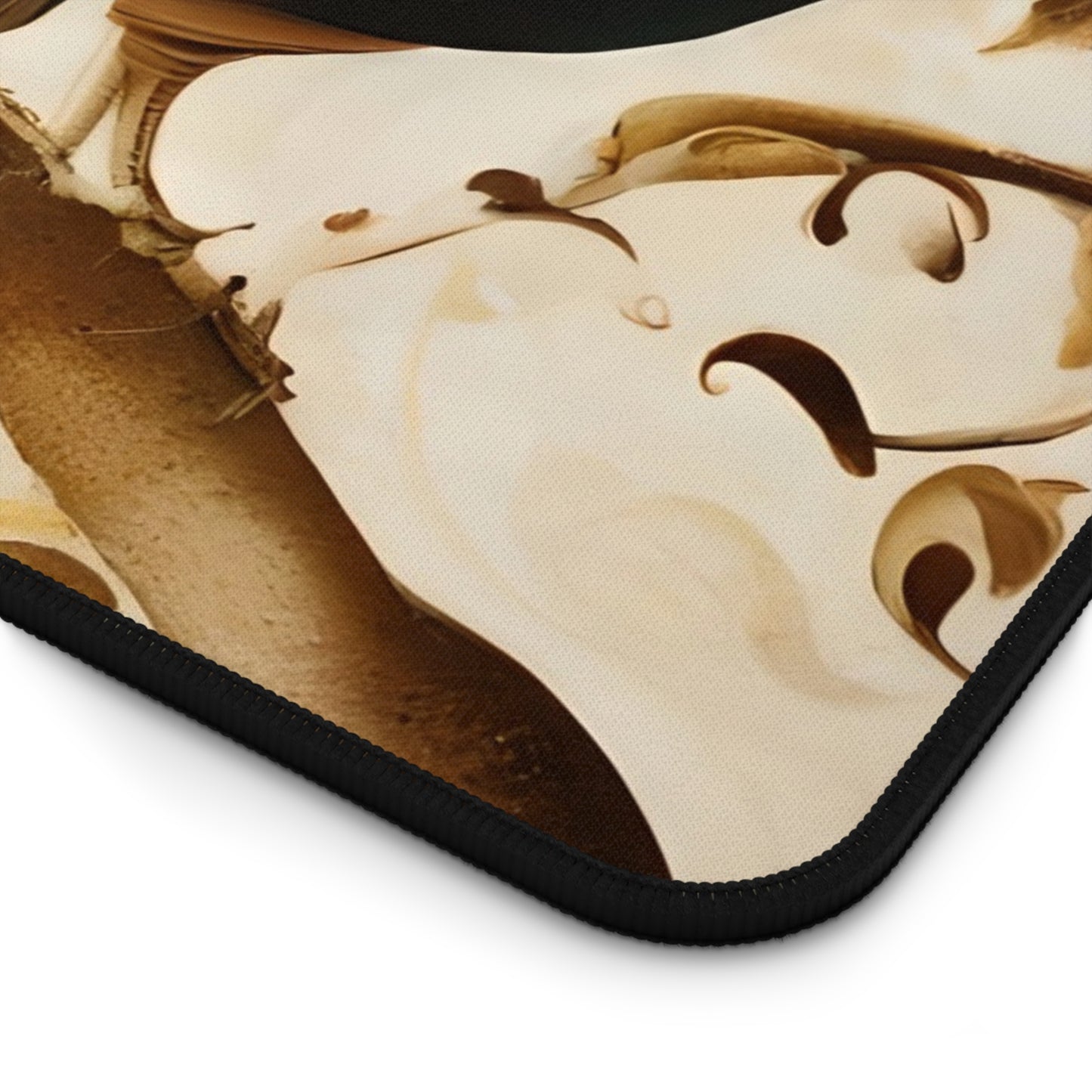 Close-up of Golden Plumage desk mat showing detailed golden feather design