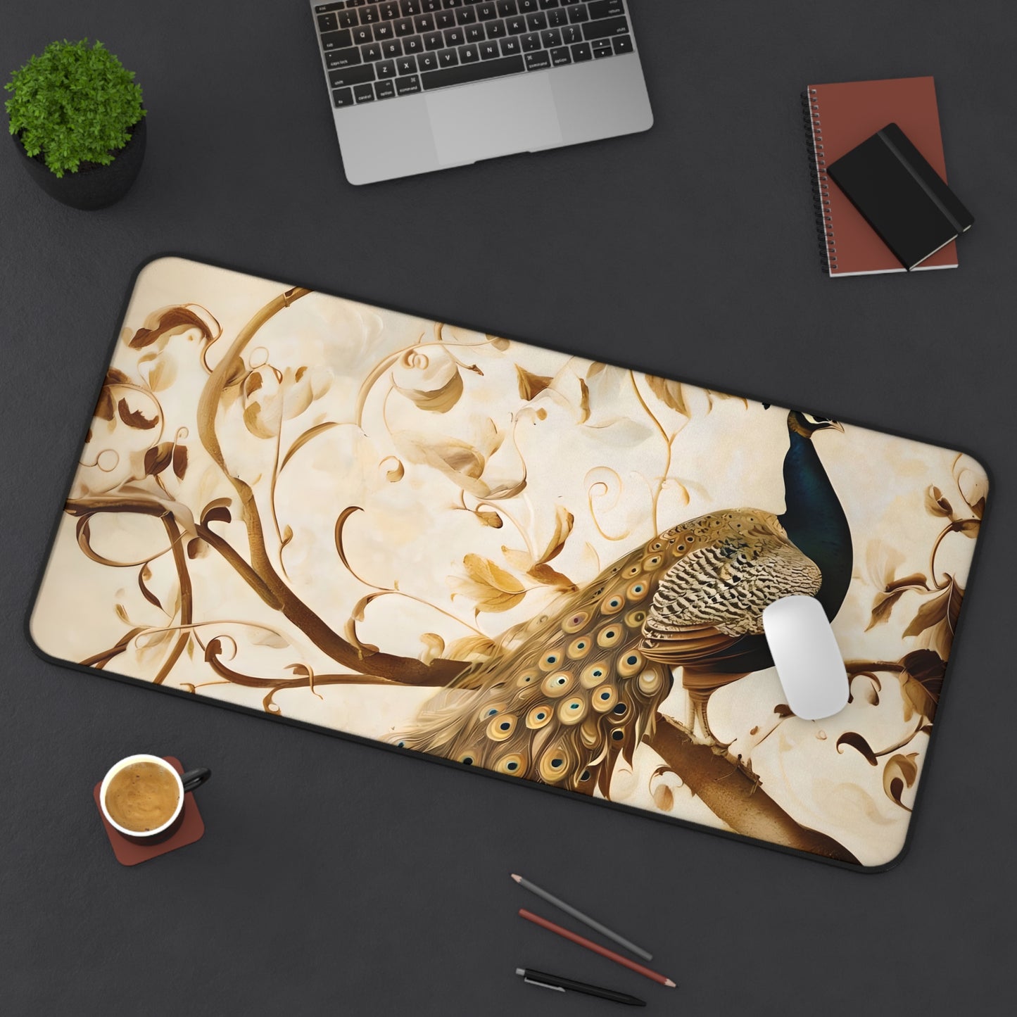 Golden Plumage Desk Mat - Premium Office Desk Pad, 3 Sizes Available, Artistic Workspace Protection