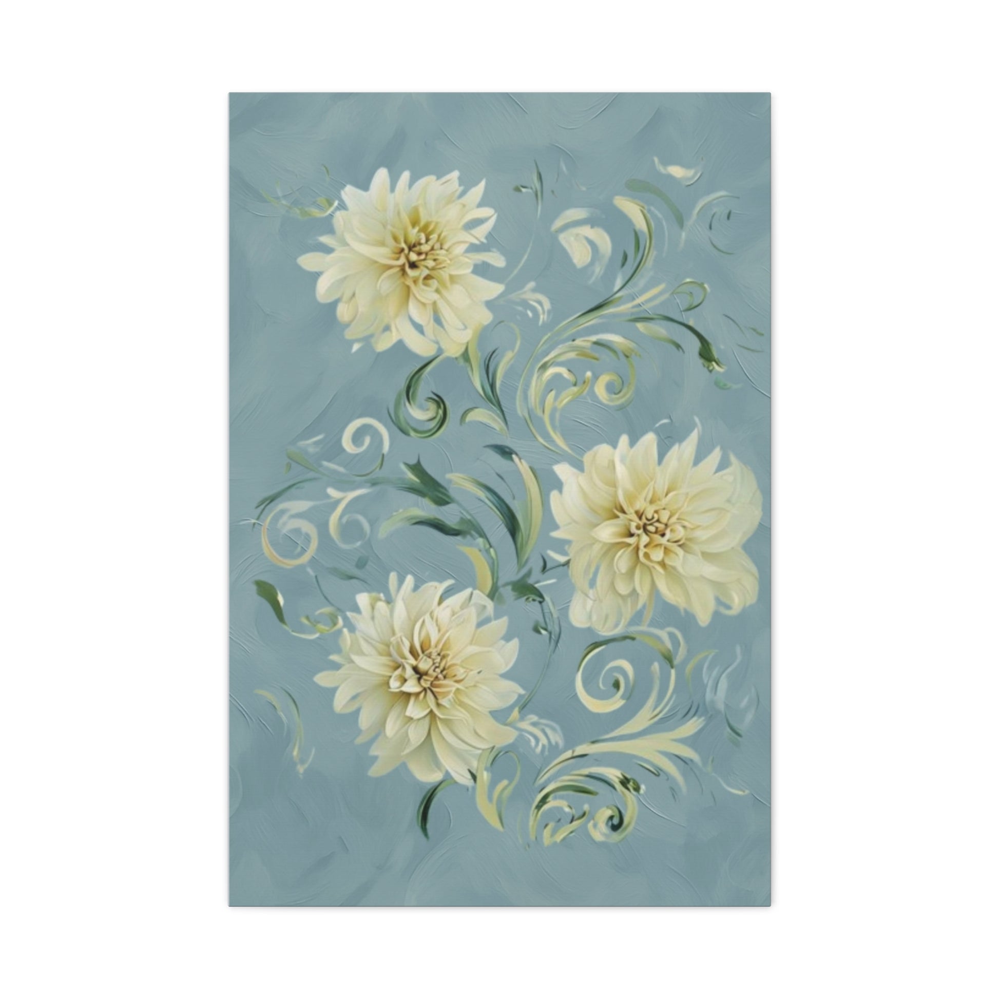 Golden Dahlia Trio wall art canvas featuring three soft golden dahlia flowers on a muted blue background with elegant botanical swirls