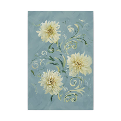 Golden Dahlia Trio wall art canvas featuring three soft golden dahlia flowers on a muted blue background with elegant botanical swirls