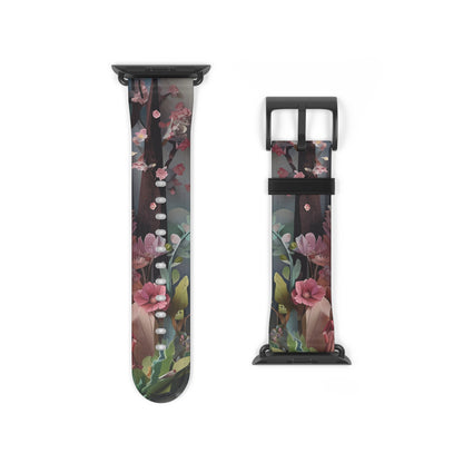 A Good Night’s Sleep Apple Watch band strap with black clasp displaying delicate pink floral design on dark background