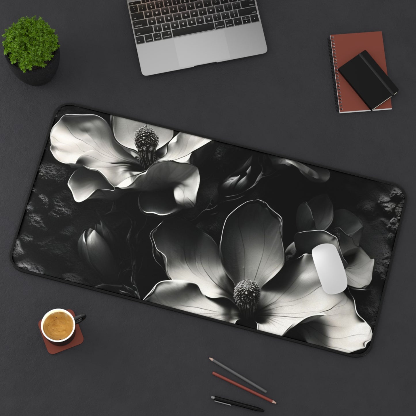 Monochrome Magnolia Desk Mat - Premium Office Desk Pad, 3 Sizes Available, Artistic Workspace Protection