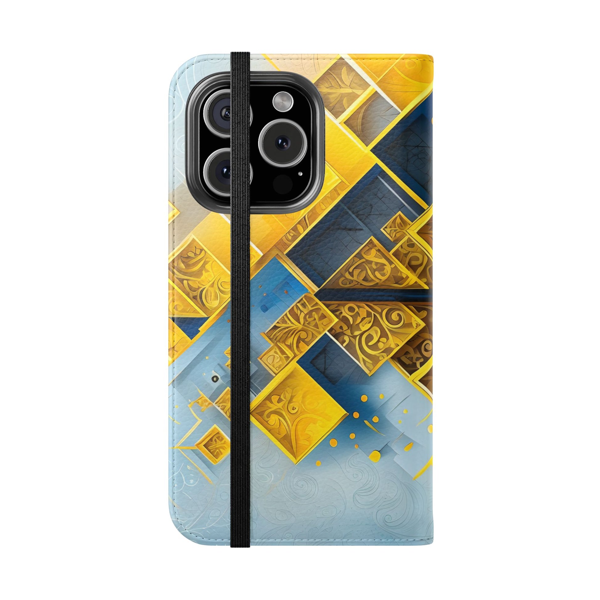 Golden Ascent Wallet Phone Case - Abstract Yellow & Blue Flip Cover for iPhone 16 Pro