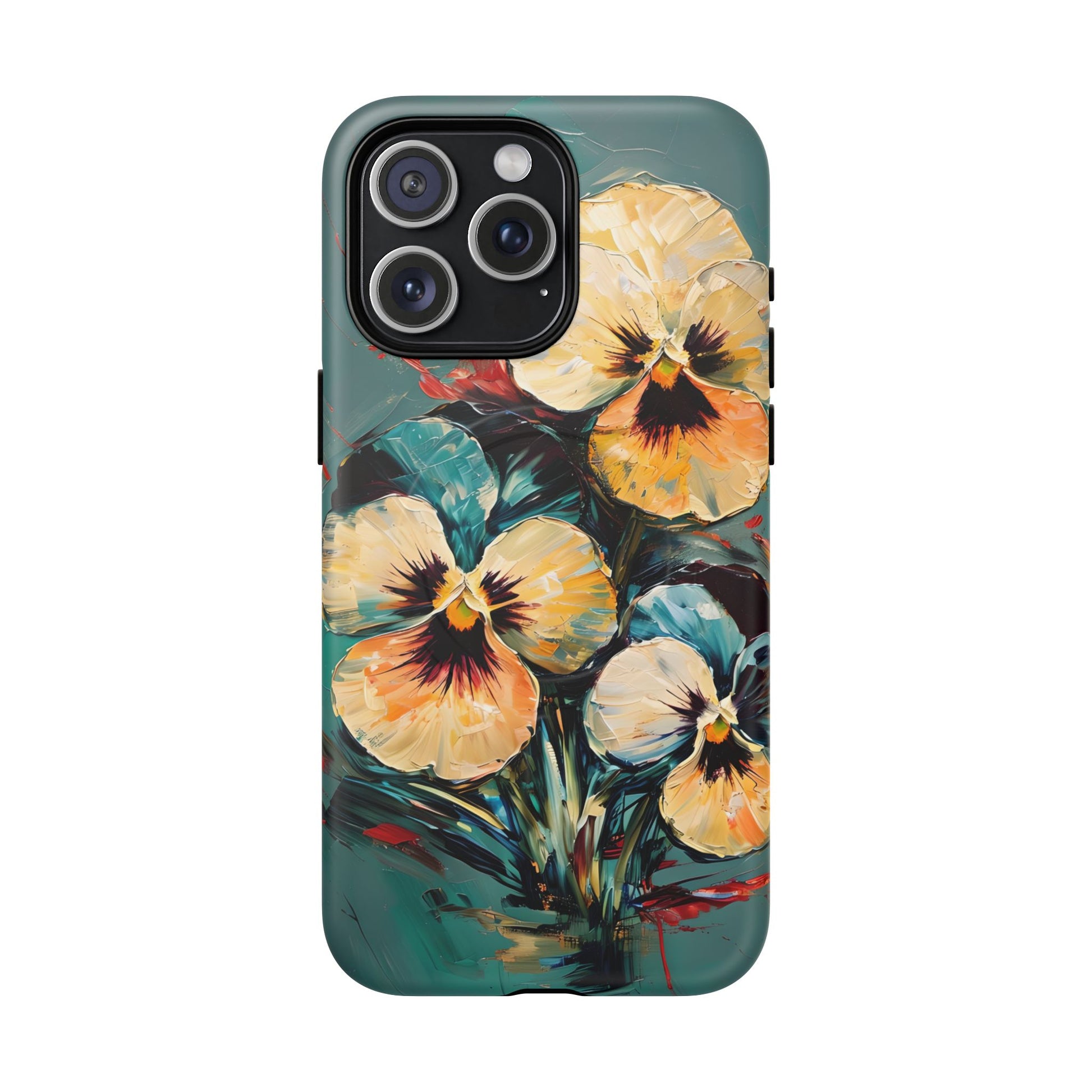 Golden Pansy Cascade - Elegant Floral iPhone 15 Pro Max MagSafe Case with Deep Teal Background