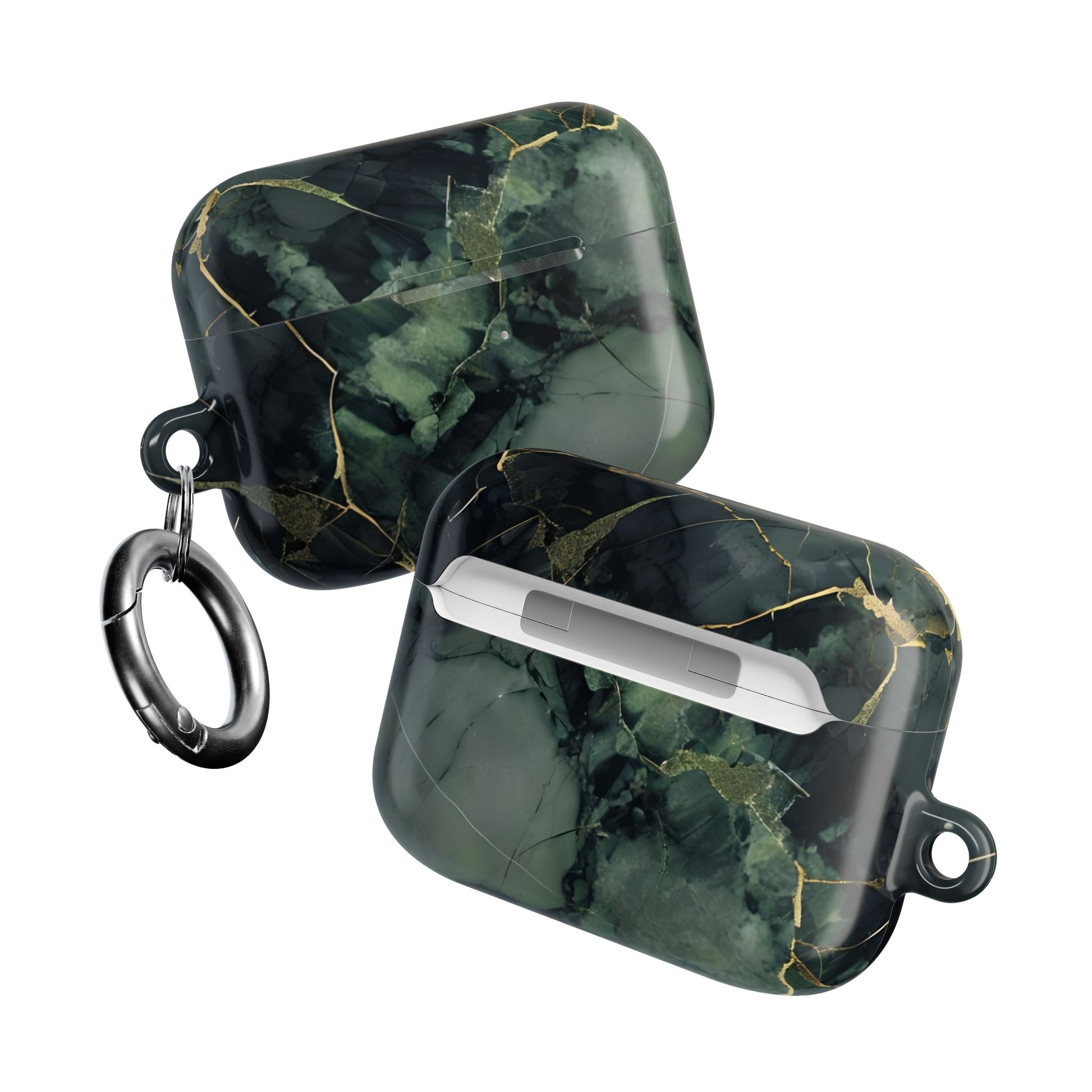 Two Verdant Vein AirPods cases angled view showing green marble artwork on both sides