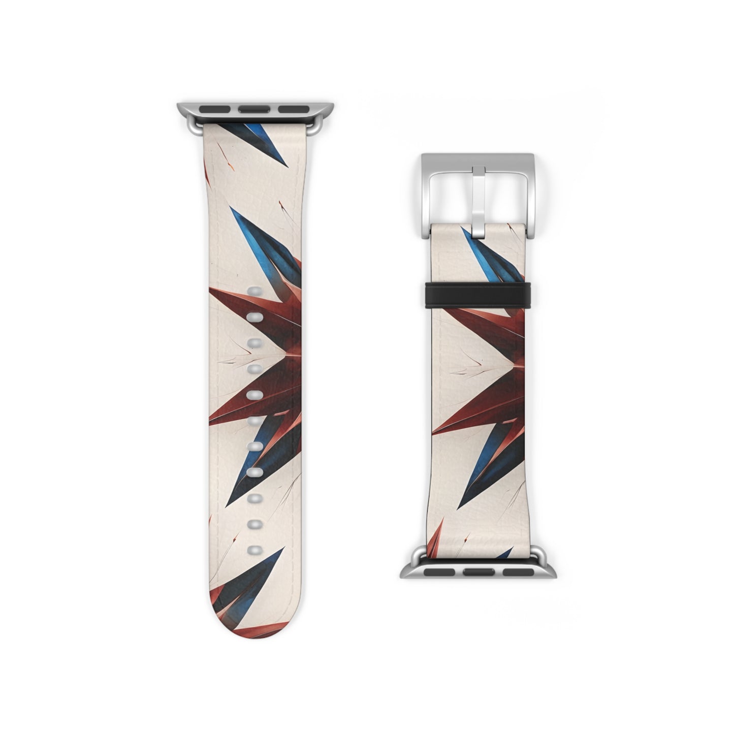 Garnet Starburst Apple Watch band strap with silver clasp showing bold red, white and blue geometric starburst design