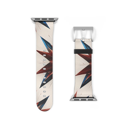 Garnet Starburst Apple Watch band strap with silver clasp showing bold red, white and blue geometric starburst design