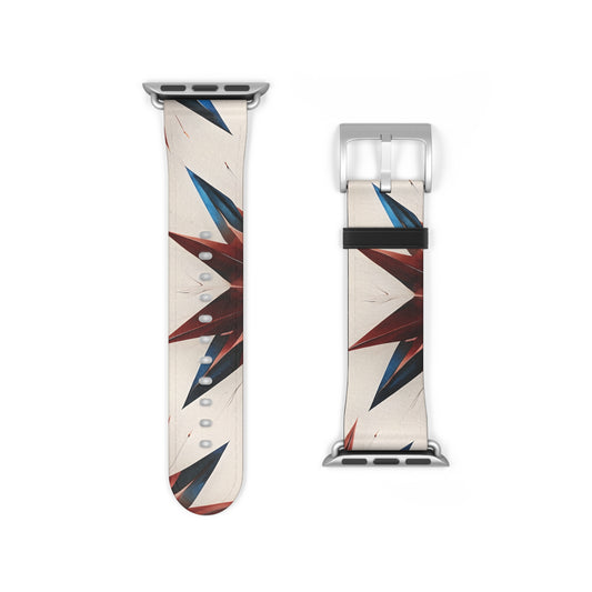 Garnet Starburst Apple Watch band strap with silver clasp showing bold red, white and blue geometric starburst design