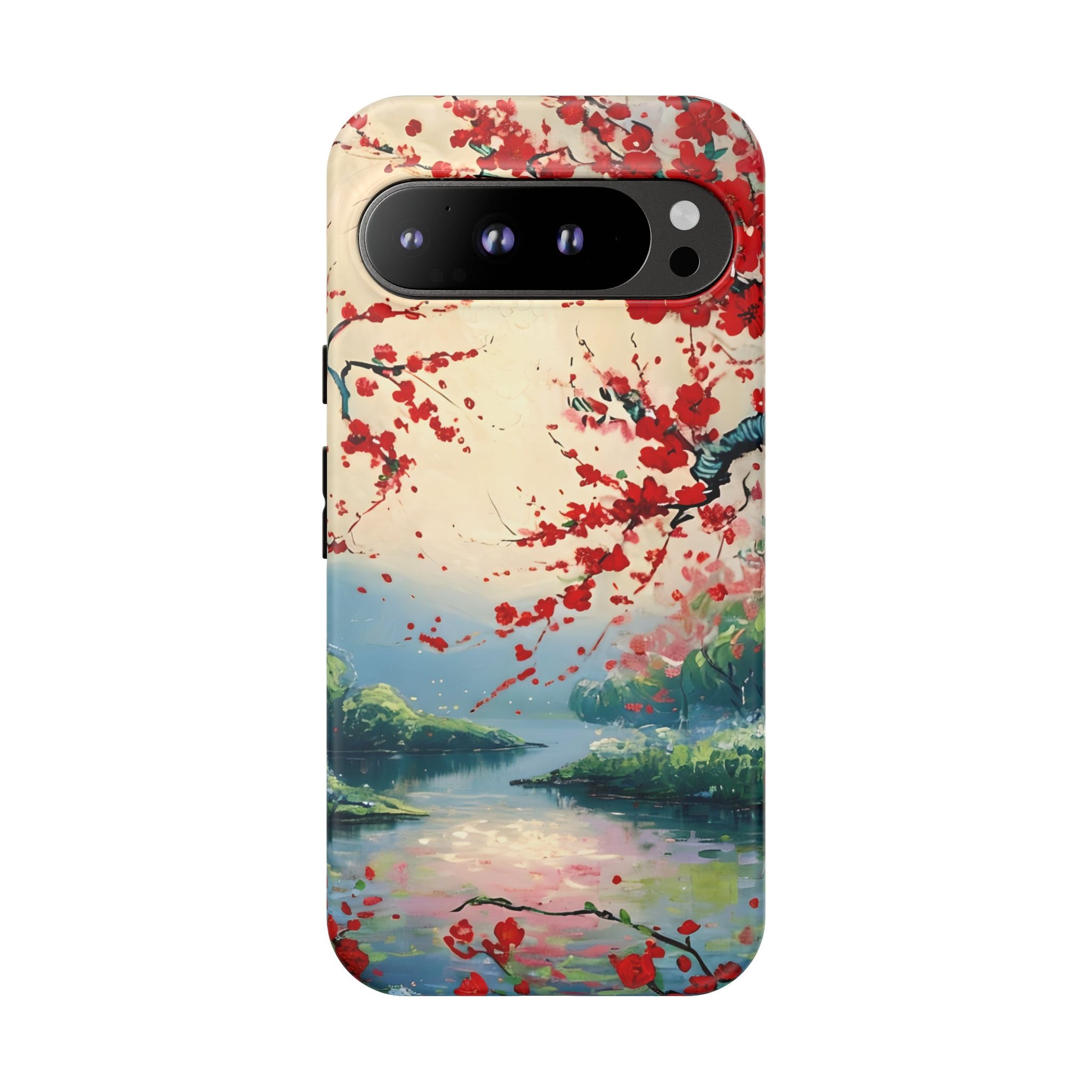 Crimson Blossom Lake - Artistic Floral Landscape Google Pixel 9 Pro XL Tough Phone Case - Red Cherry Blossoms & Serene Lake Design