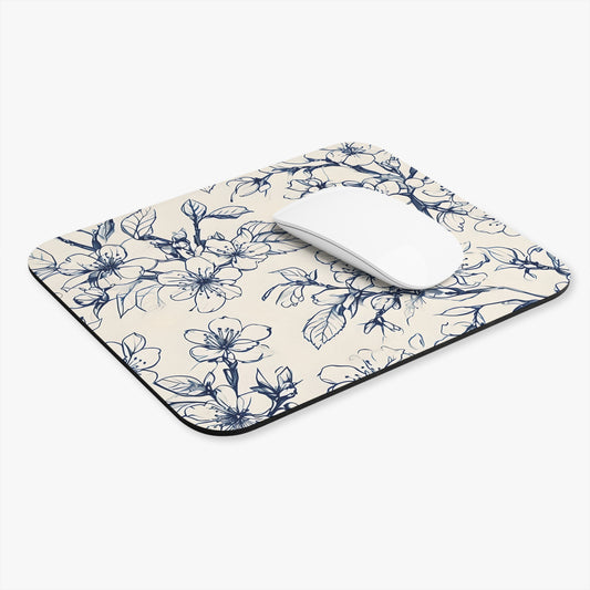 Blossom Sketch mouse pad in workspace with mouse showing botanical sketch design
