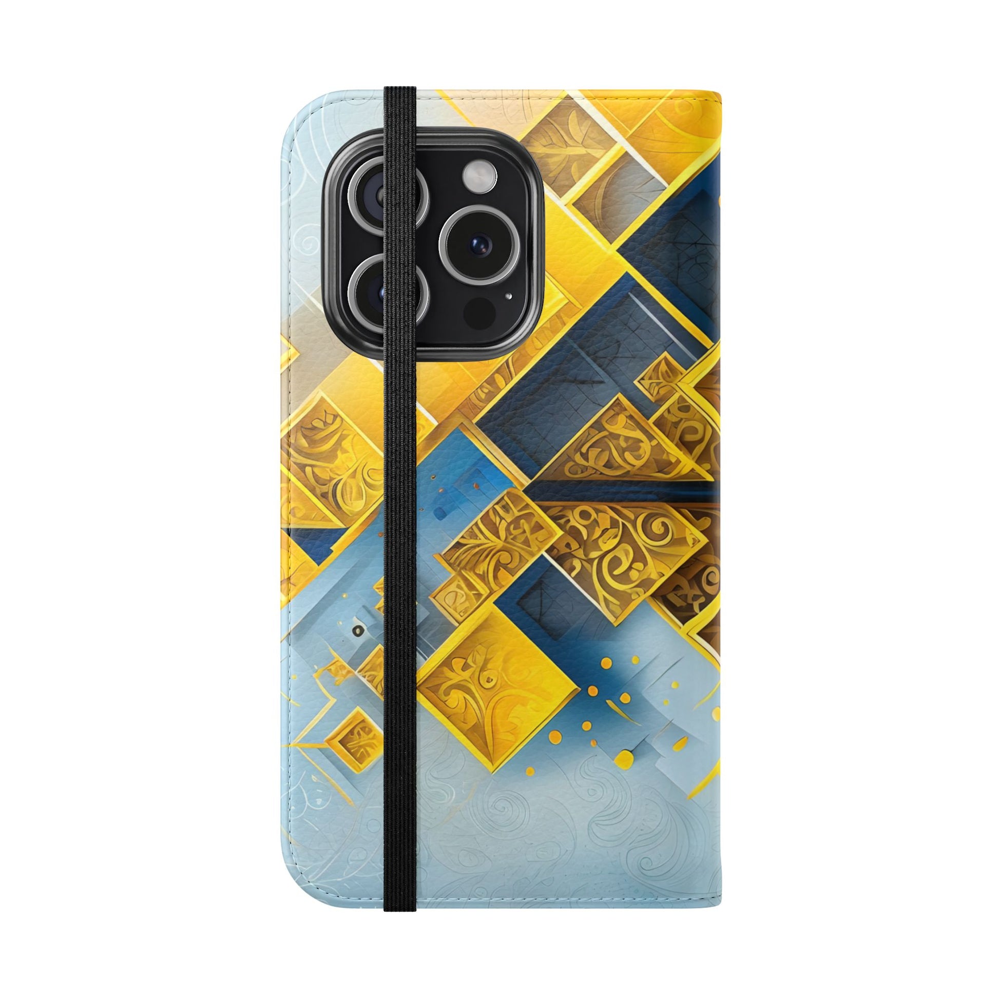 Golden Ascent Wallet Phone Case - Abstract Yellow & Blue Flip Cover for iPhone 15 Pro
