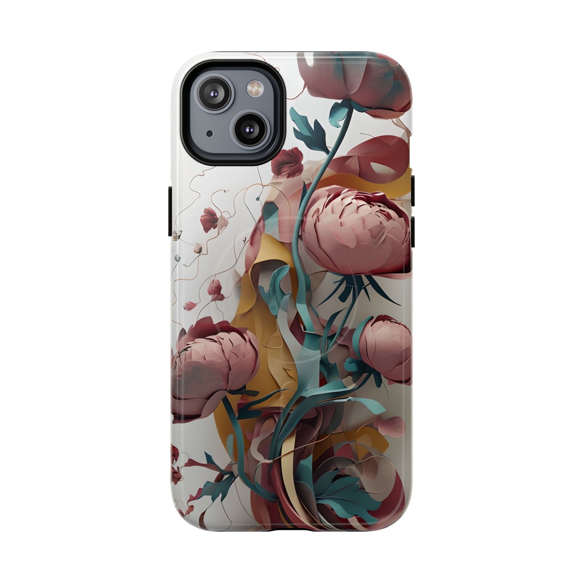 Blushing Peony Veil - Elegant Painterly Floral iPhone 14 Plus MagSafe Phone Case - Soft Blush & Teal Peony Design