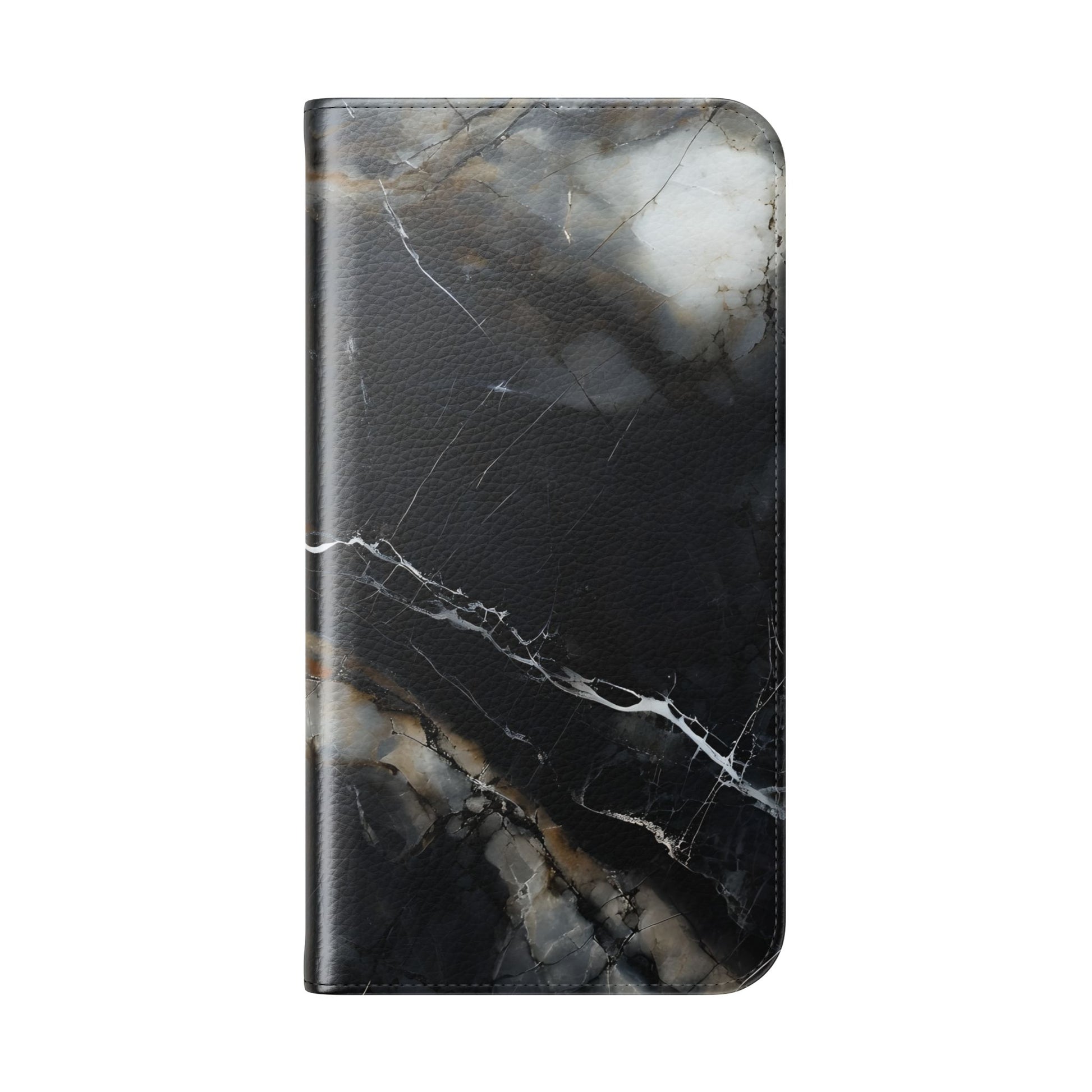 Obsidian Vein Wallet Phone Case - Black & White Marble - Flip Cover for iPhone 14 Pro Max