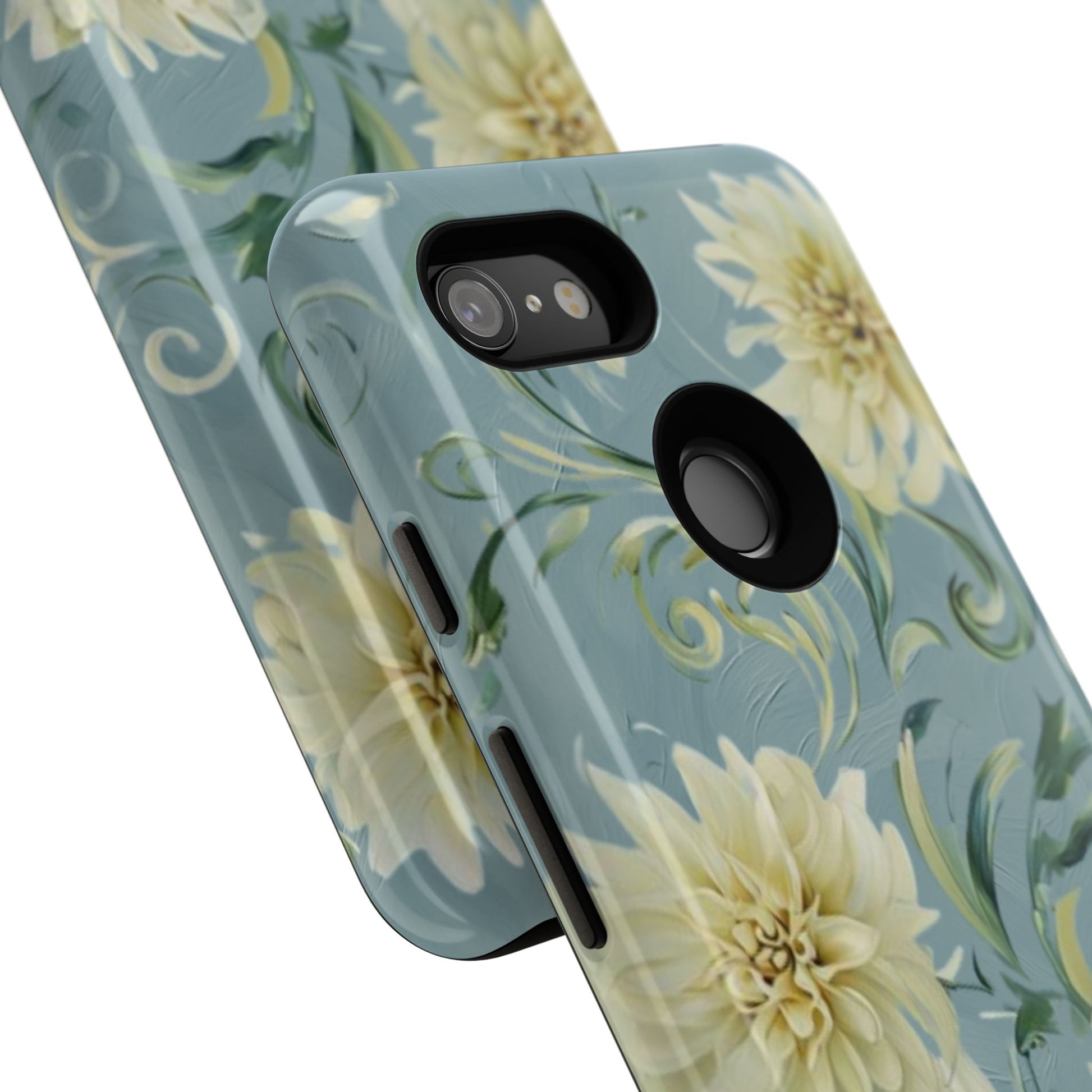 Golden Dahlia Trio - Elegant Floral Google Pixel 3 Tough Phone Case - Artistic White & Blue Dahlia Design