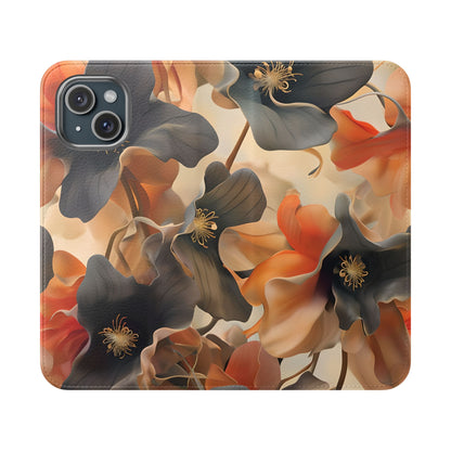 Autumn Ember floral iPhone wallet flip phone case with warm orange and charcoal flowers