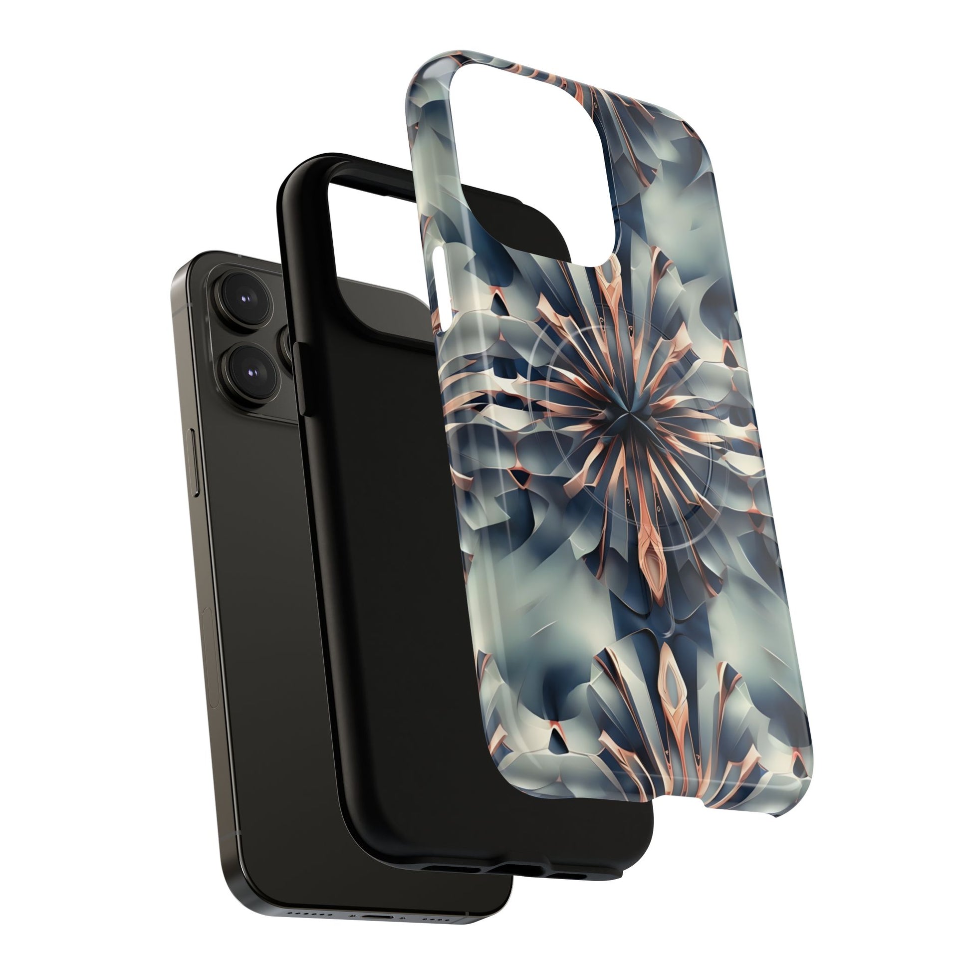 Obsidian Kaleidoscope Artistic Floral Burst - iPhone 14 Pro Max MagSafe Phone Case -Blue, Peach and Silver Symmetrical Design