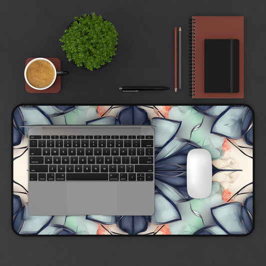 Midnight Mosaic desk mat in workspace with keyboard showing geometric blue mosaic design